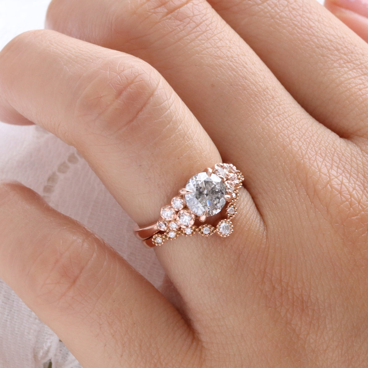 Round salt and pepper diamond solitaire ring rose gold grey diamond floral cluster ring la more design jewelry