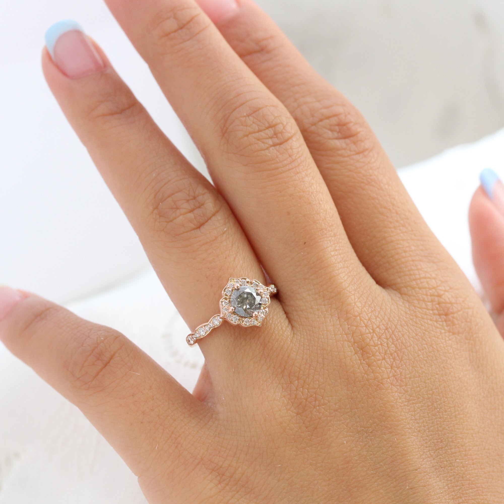 Natural salt and pepper diamond ring rose gold grey diamond vintage halo ring la more design jewelry