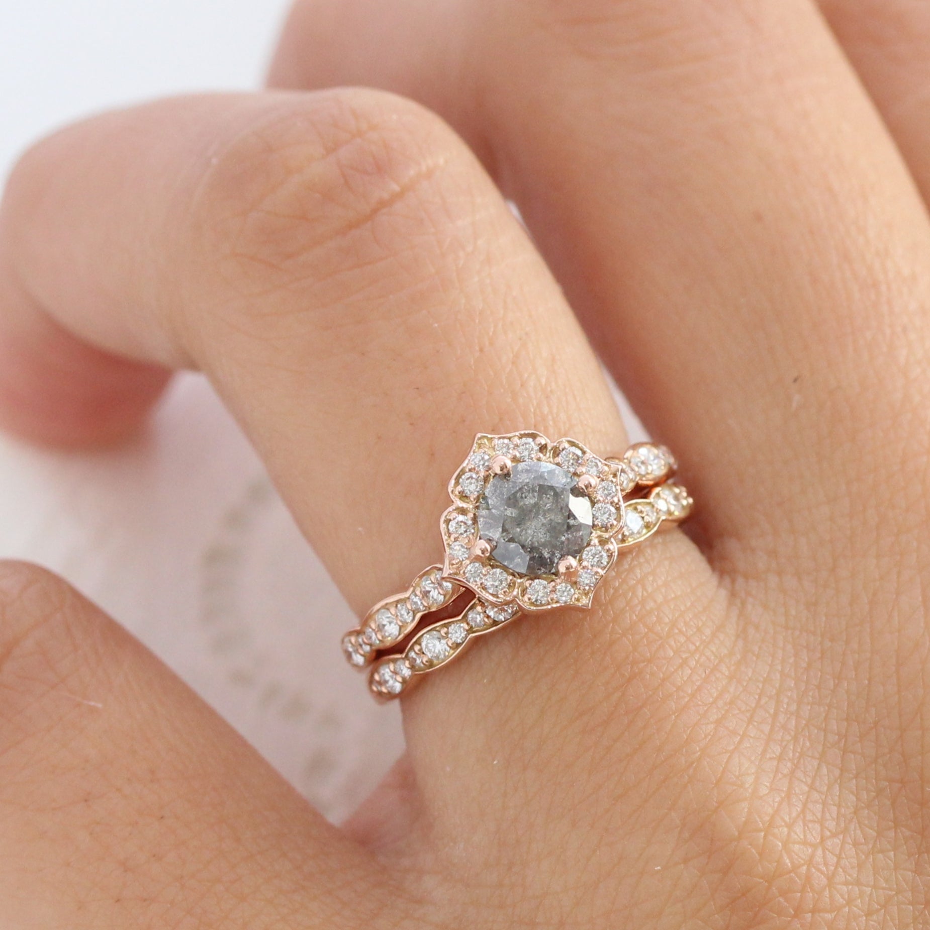 Salt and pepper grey diamond engagement ring rose gold and matching diamond wedding band bridal set by la more design jewelry