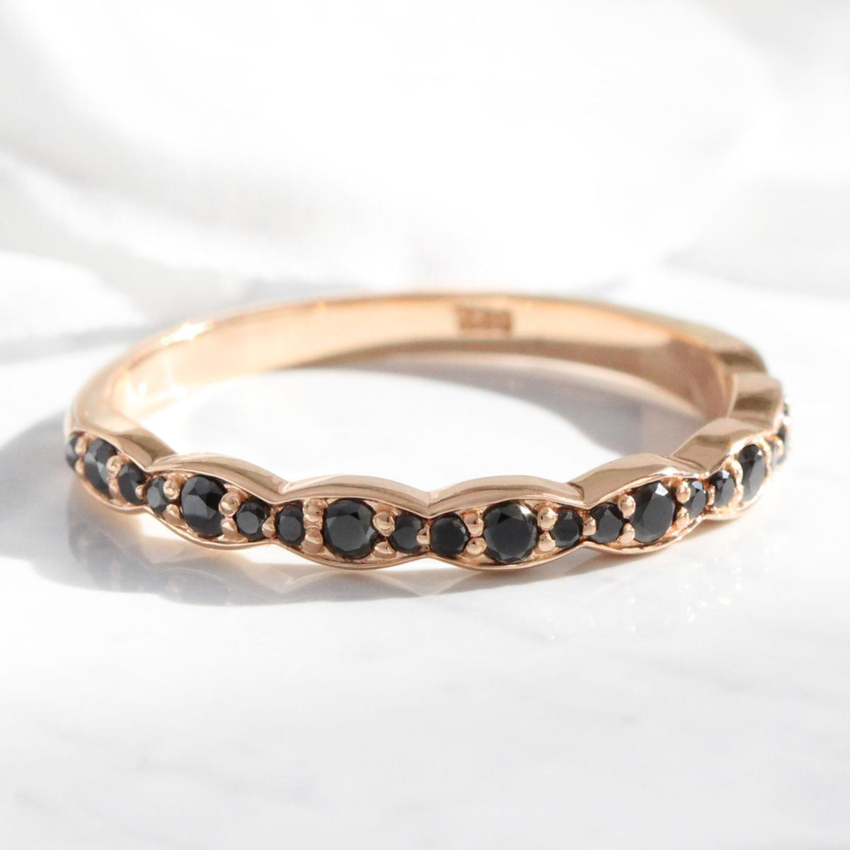 Scalloped black diamond wedding ring rose gold half eternity band by la more design jewelry