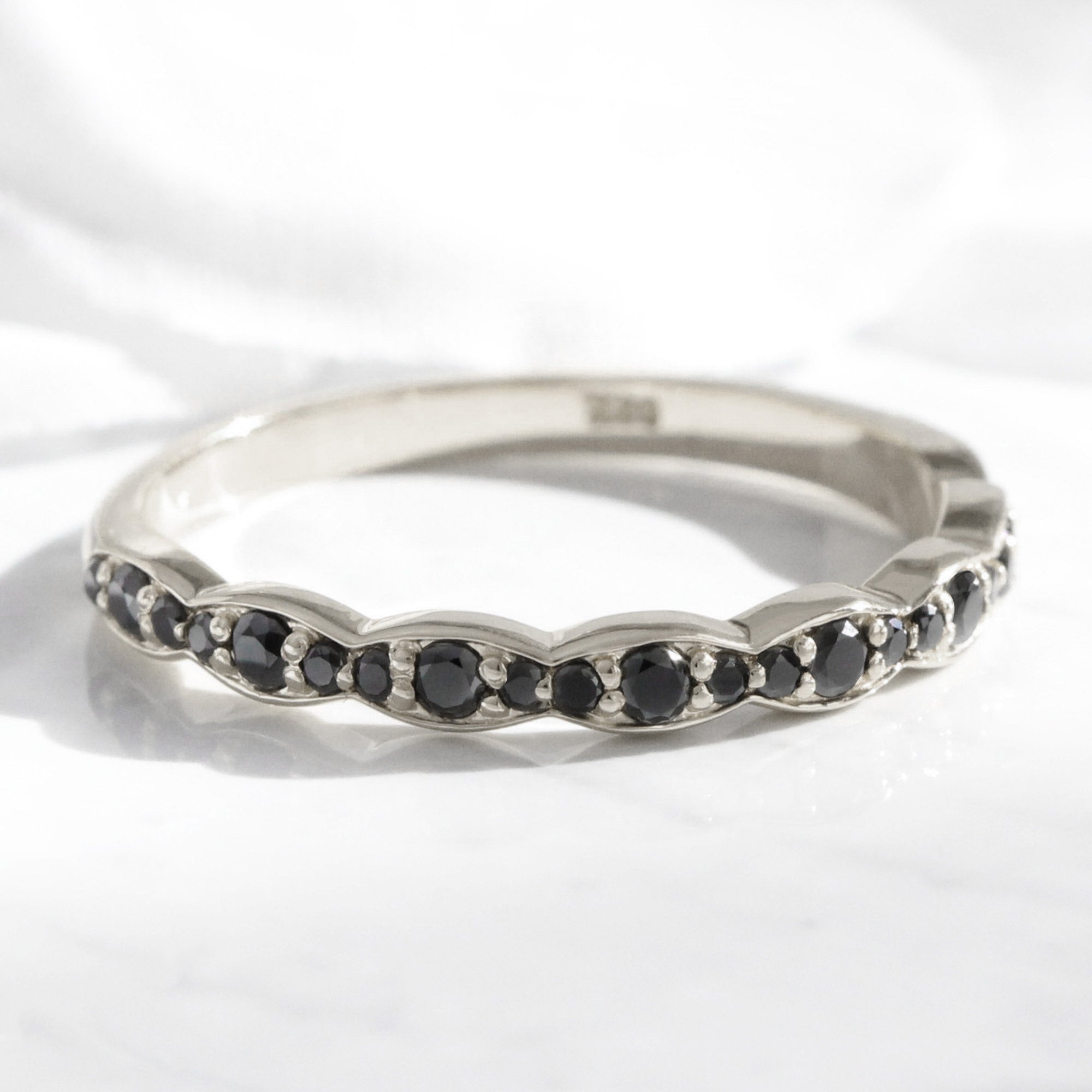 Scalloped black diamond wedding ring white gold half eternity band by la more design jewelry