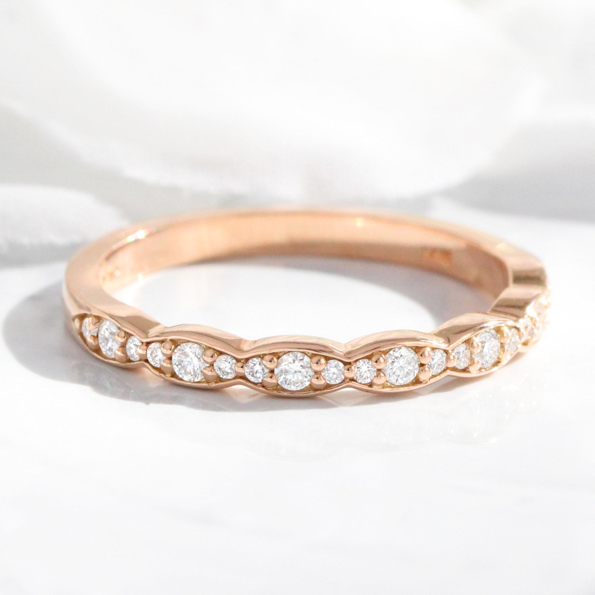 Half diamond wedding ring rose gold scalloped band la more design jewelry
