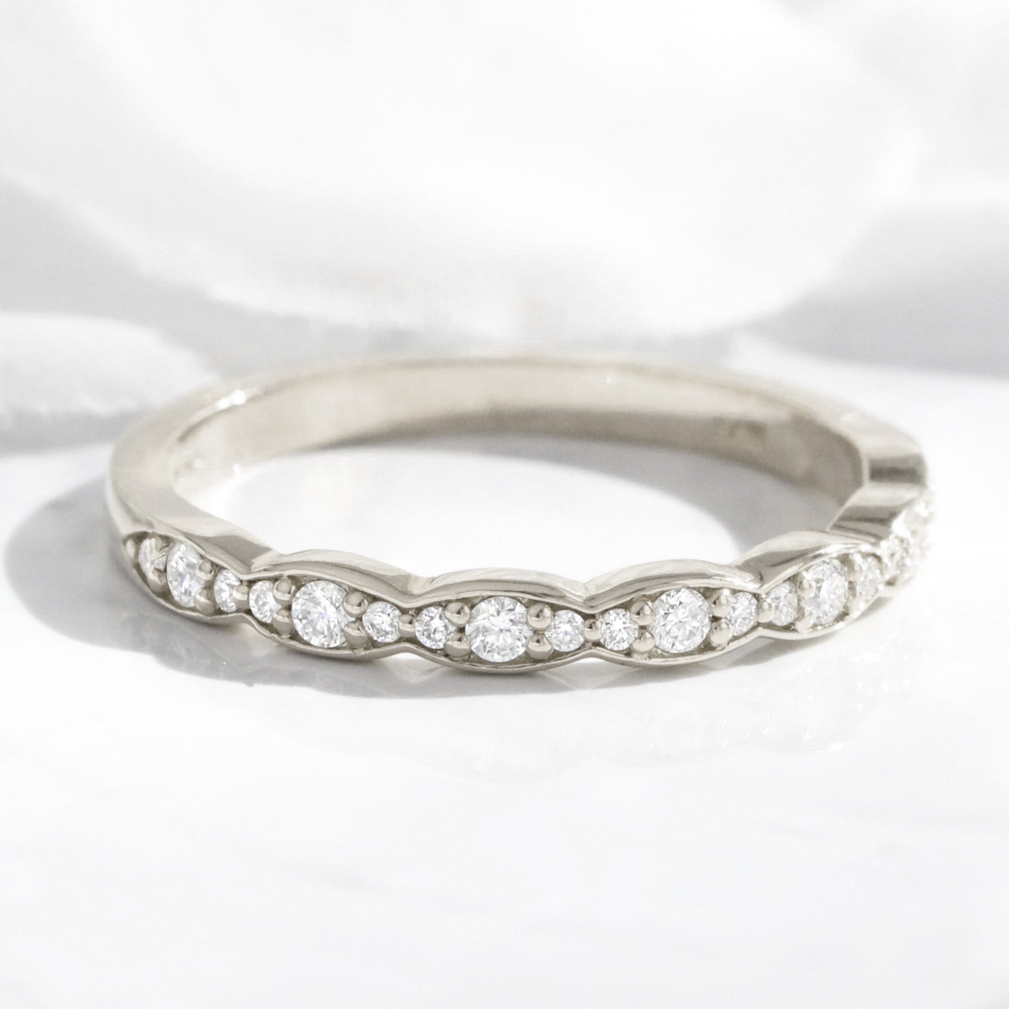 Scalloped diamond wedding ring white gold half eternity band by la more design jewelry