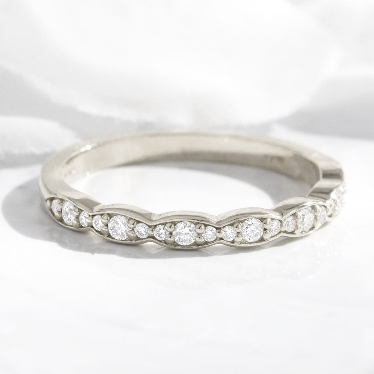 Scalloped Diamond Wedding Ring in Vintage Style Half Eternity Band | La Scalloped Diamond Wedding Ring in Vintage Style Half Eternity Band | La