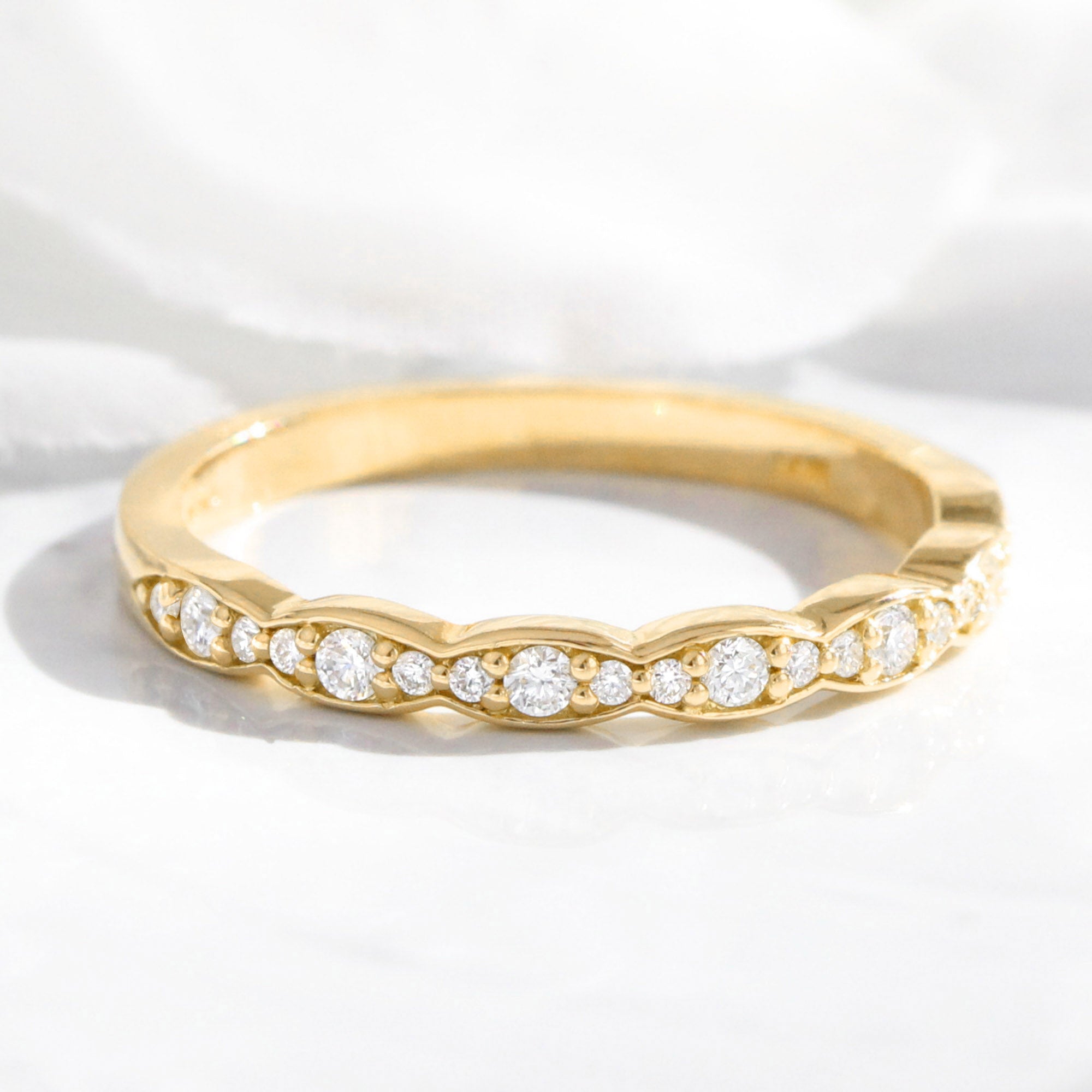 Scalloped diamond wedding ring yellow gold half eternity band by la more design jewelry