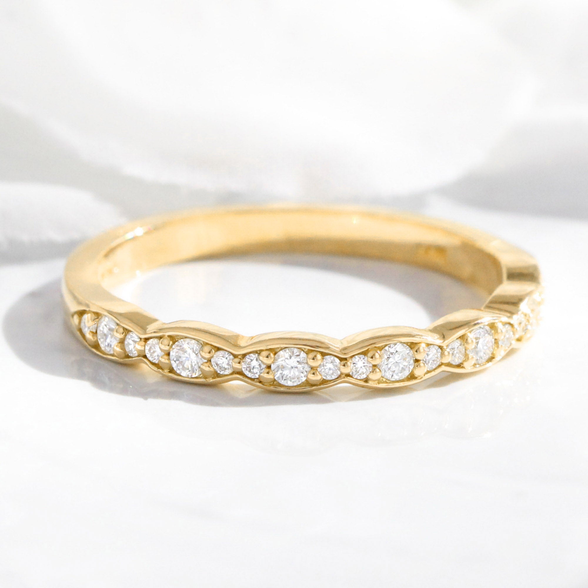 Scalloped Diamond Wedding Ring in Vintage Style Half Eternity Band