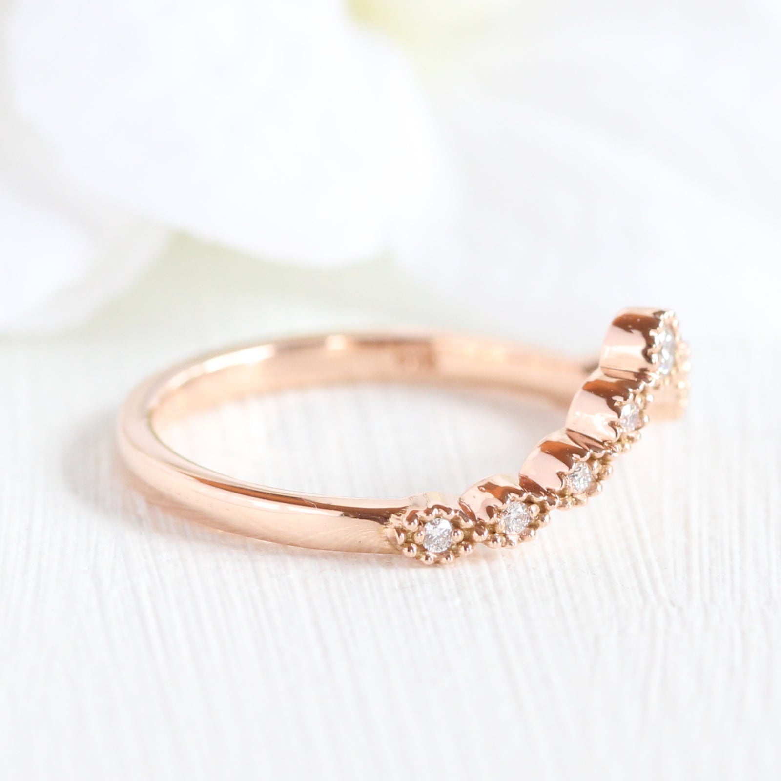 Milgrain Diamond Wedding Ring in 14K Rose Gold Curved U Band, Size 6