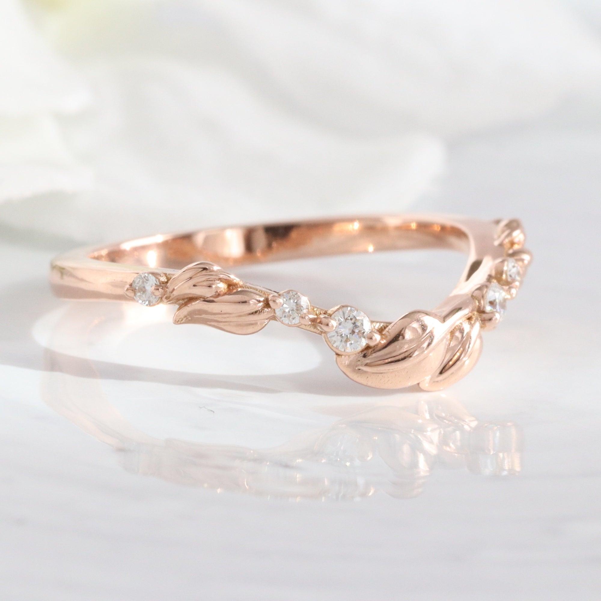 Floral Leaf Diamond Wedding Ring Rose Gold U Shaped Contour Wedding Band La More Design Jewelry