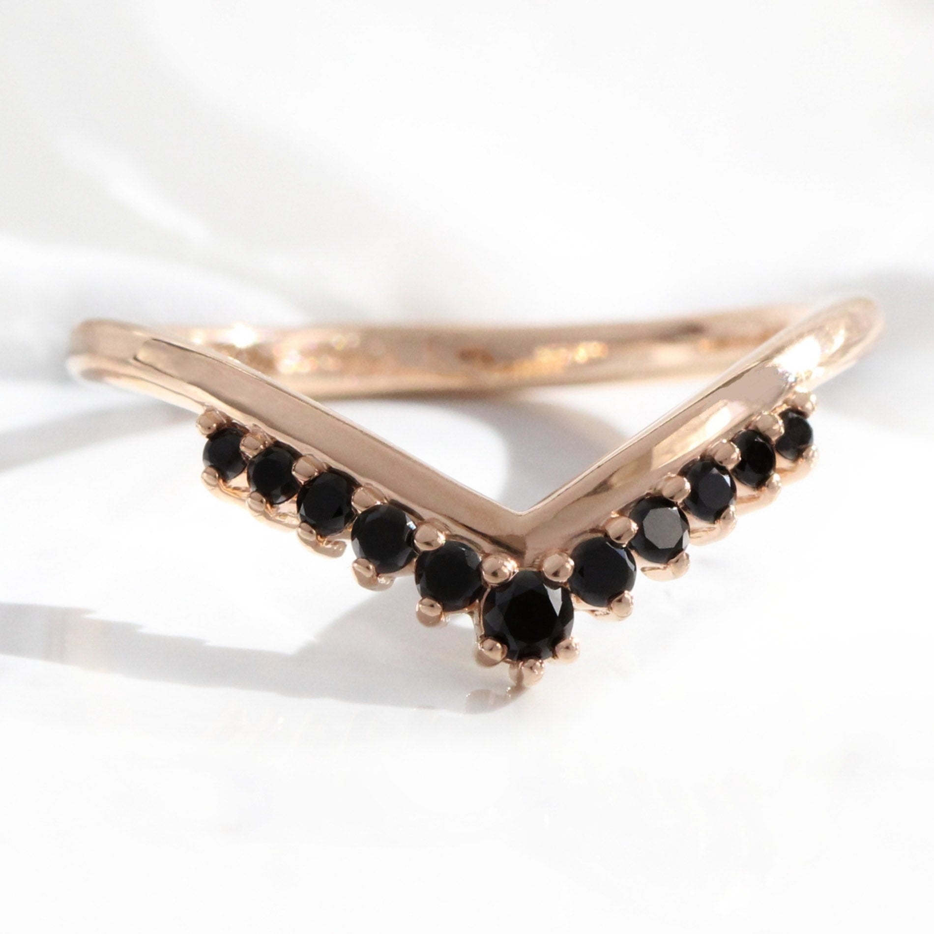 Tiara black diamond wedding ring rose gold curved V shaped band by la more design jewelry