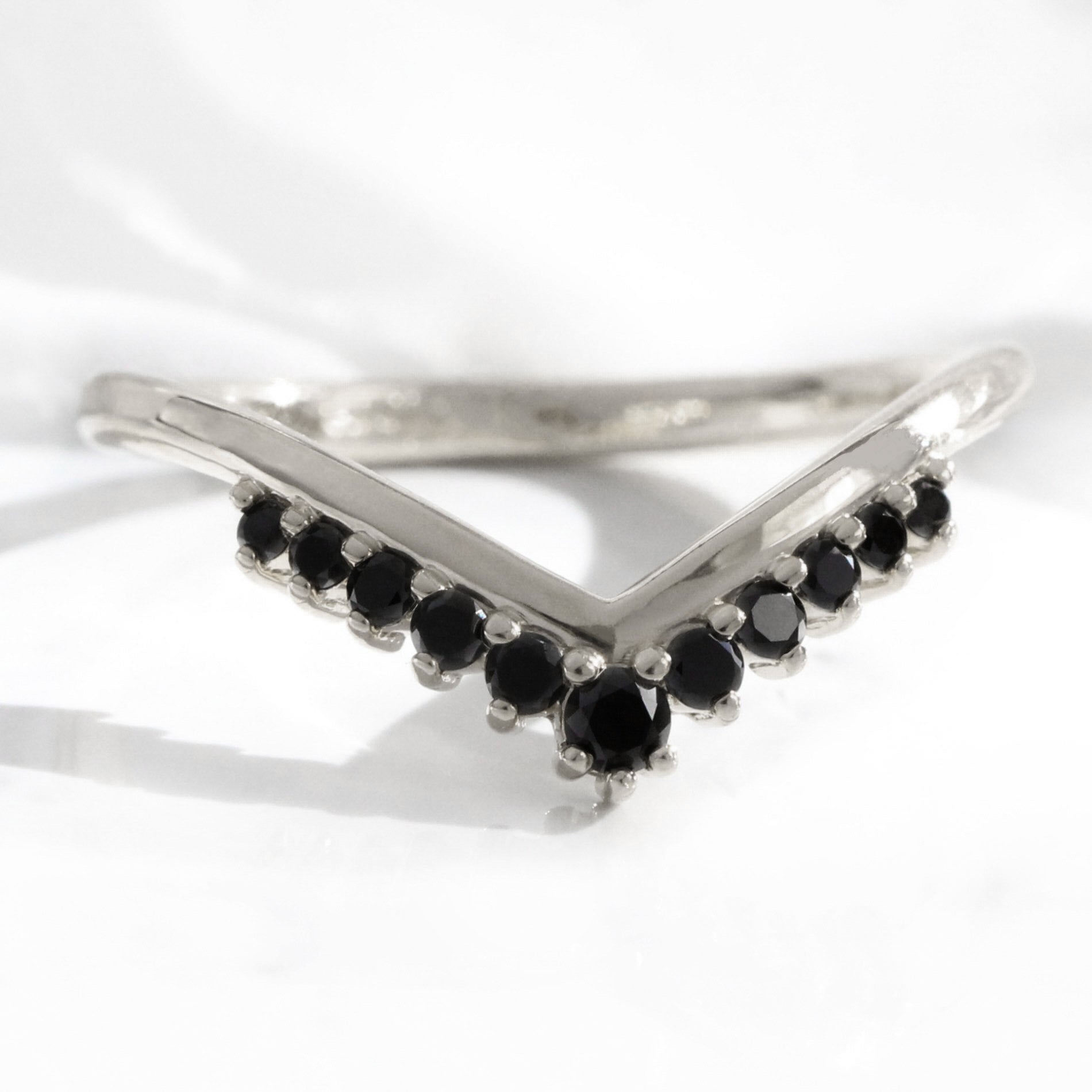 Tiara black diamond wedding ring white gold curved V shaped band by la more design jewelry