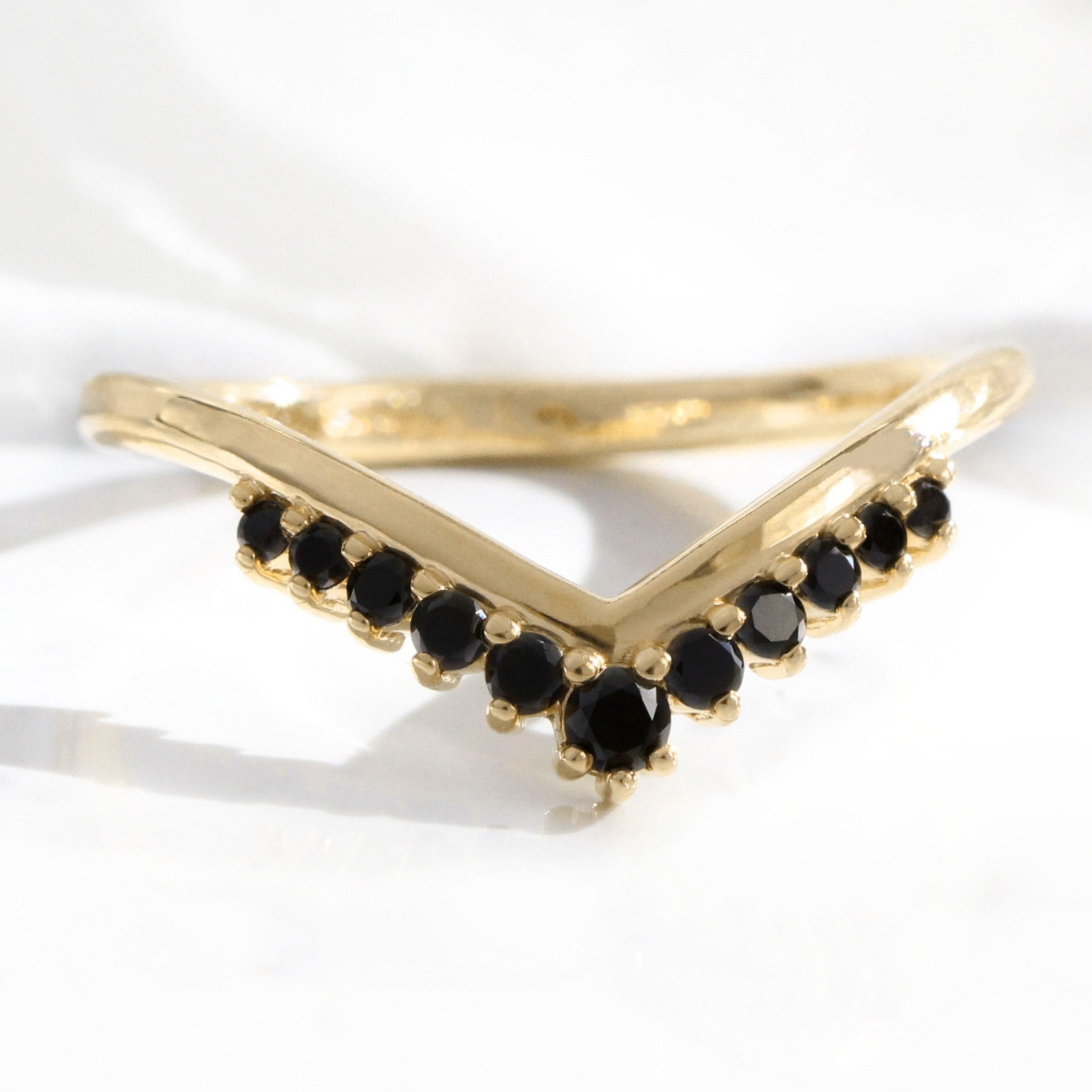 Tiara black diamond wedding ring yellow gold curved V shaped band by la more design jewelry