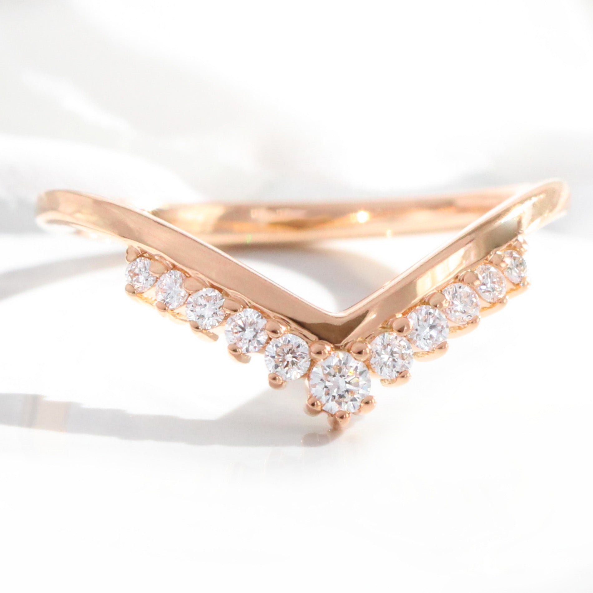 Tiara diamond wedding ring rose gold curved V shaped band by la more design jewelry