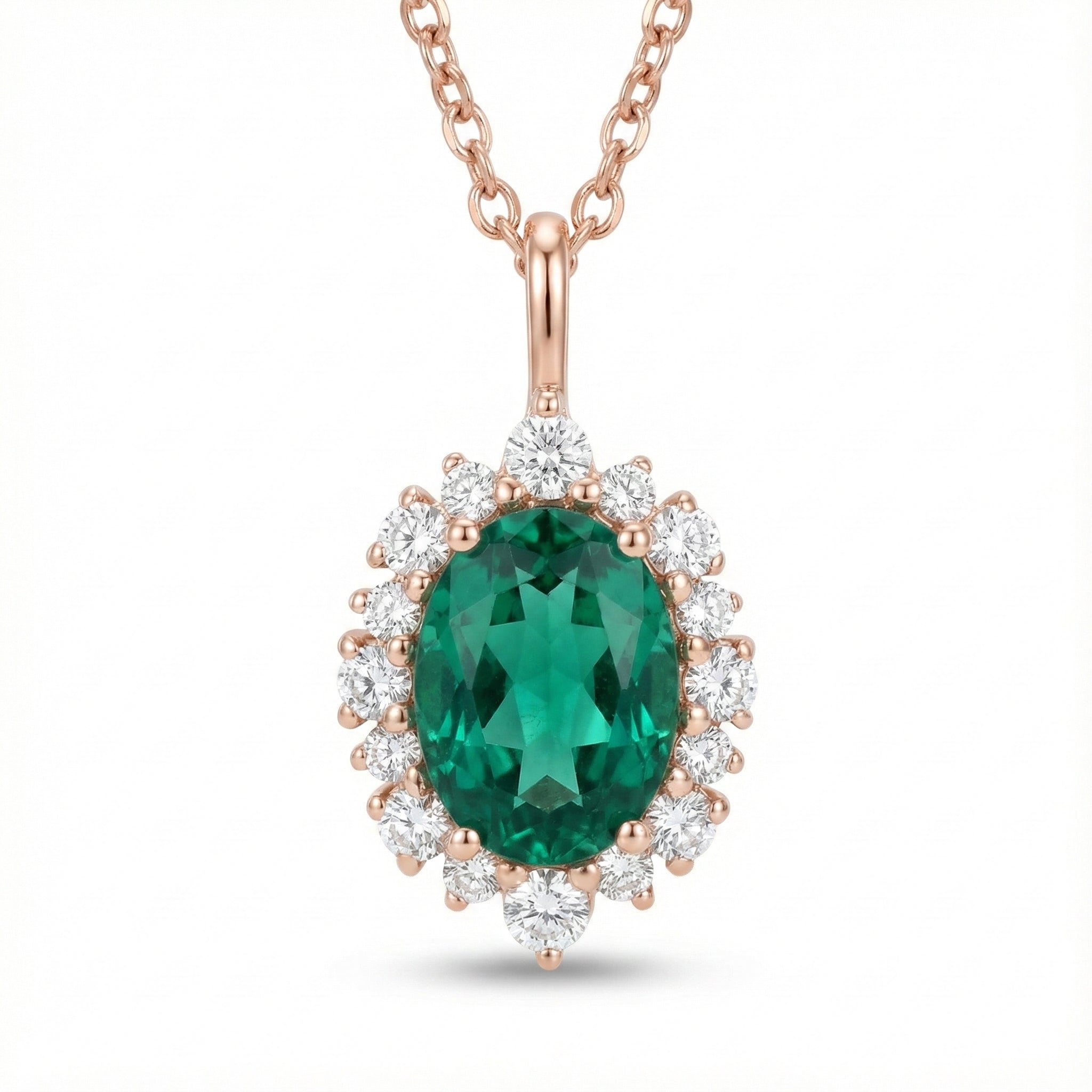 Tiara halo diamond oval emerald pendant rose gold green emerald necklace la more design jewelry