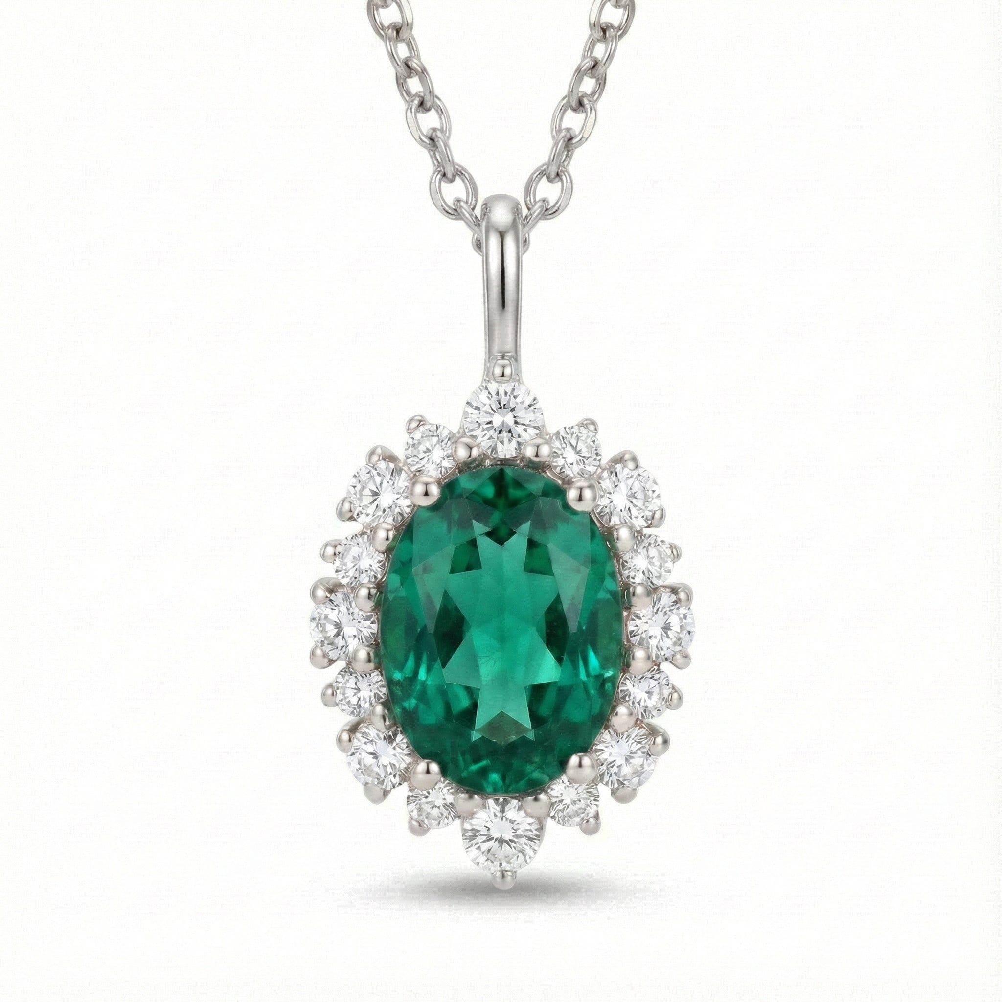 Tiara halo diamond oval emerald pendant white gold green emerald necklace la more design jewelry