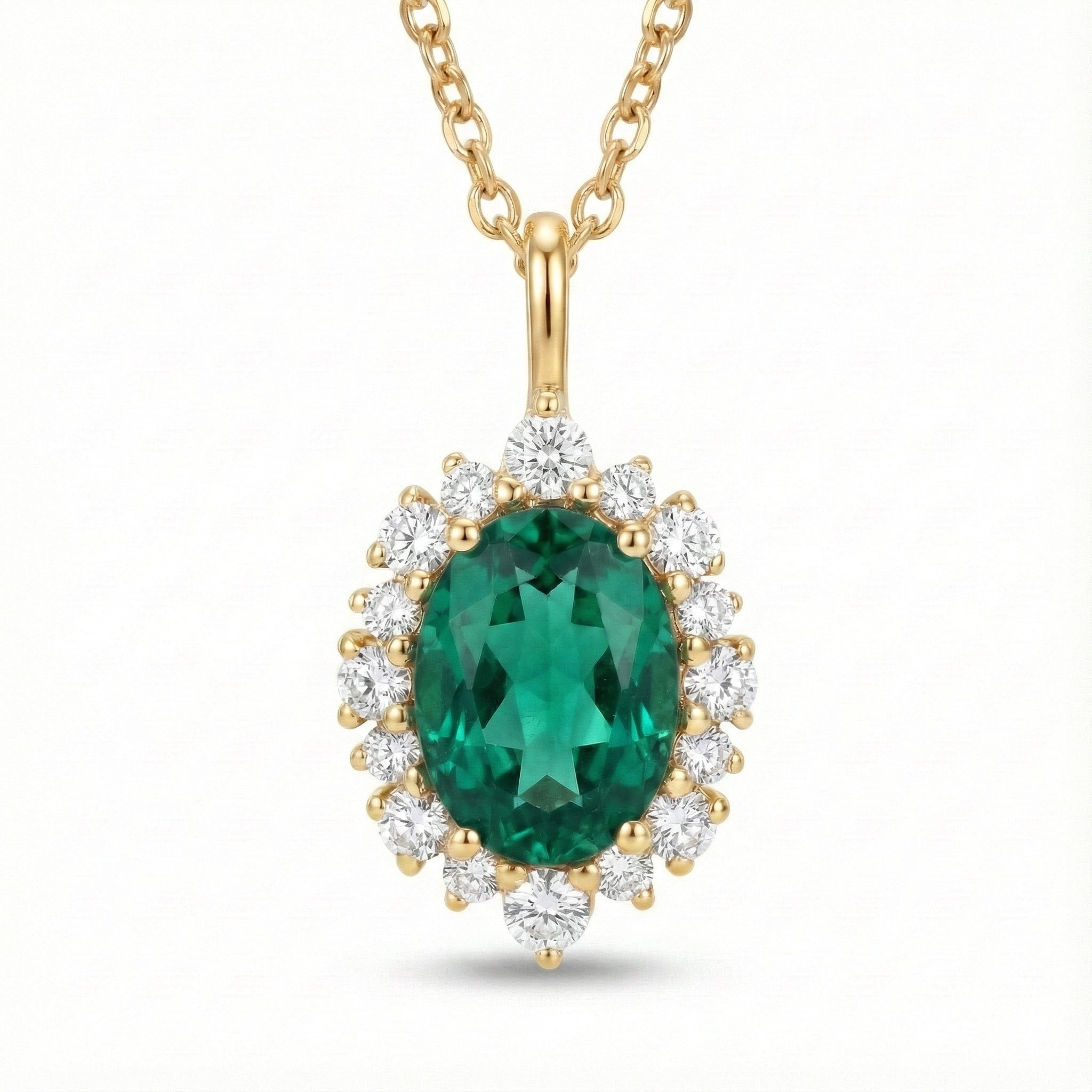Tiara halo diamond oval emerald pendantyellow gold green emerald necklace la more design jewelry