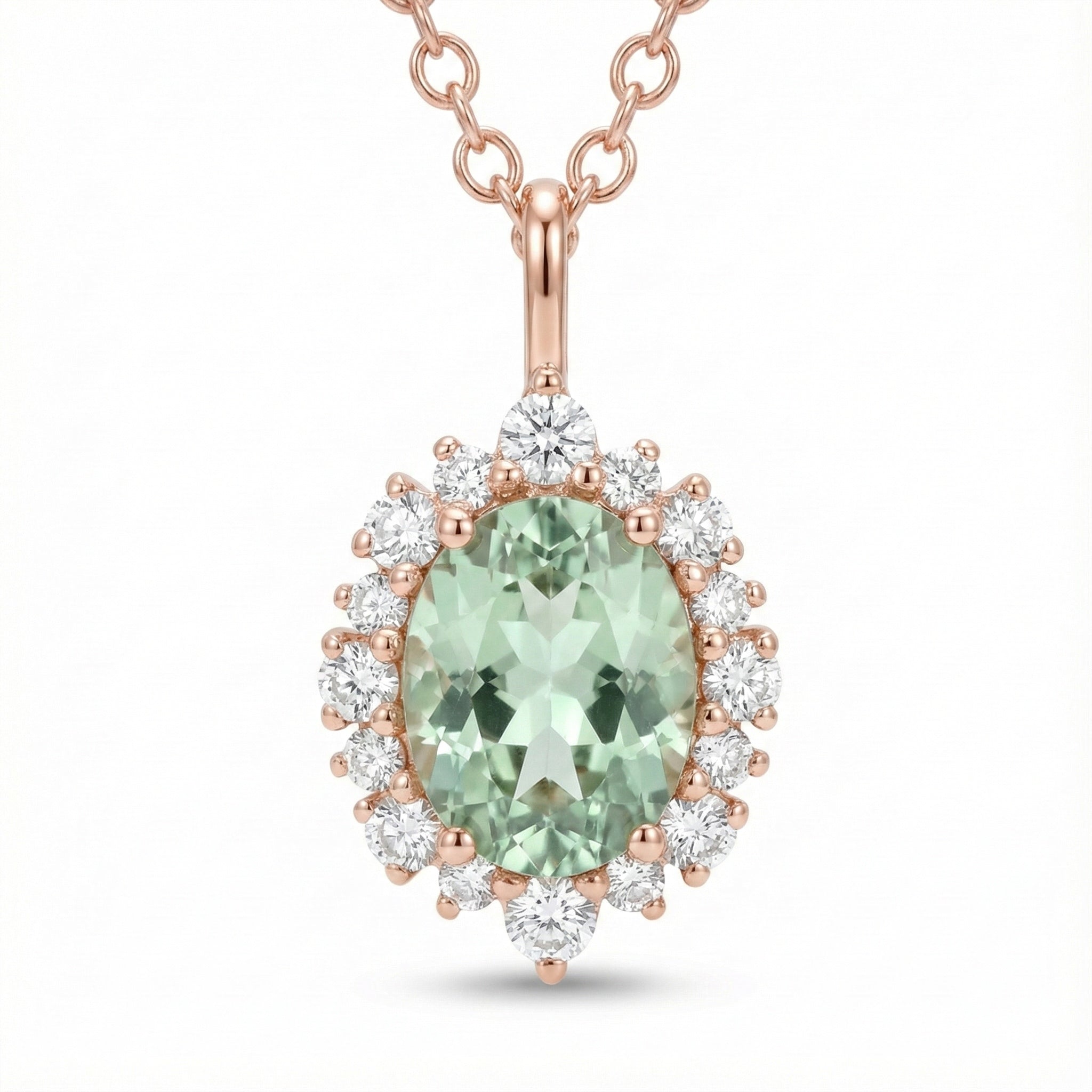 Tiara halo diamond oval green sapphire pendant rose gold green sapphire necklace la more design jewelry