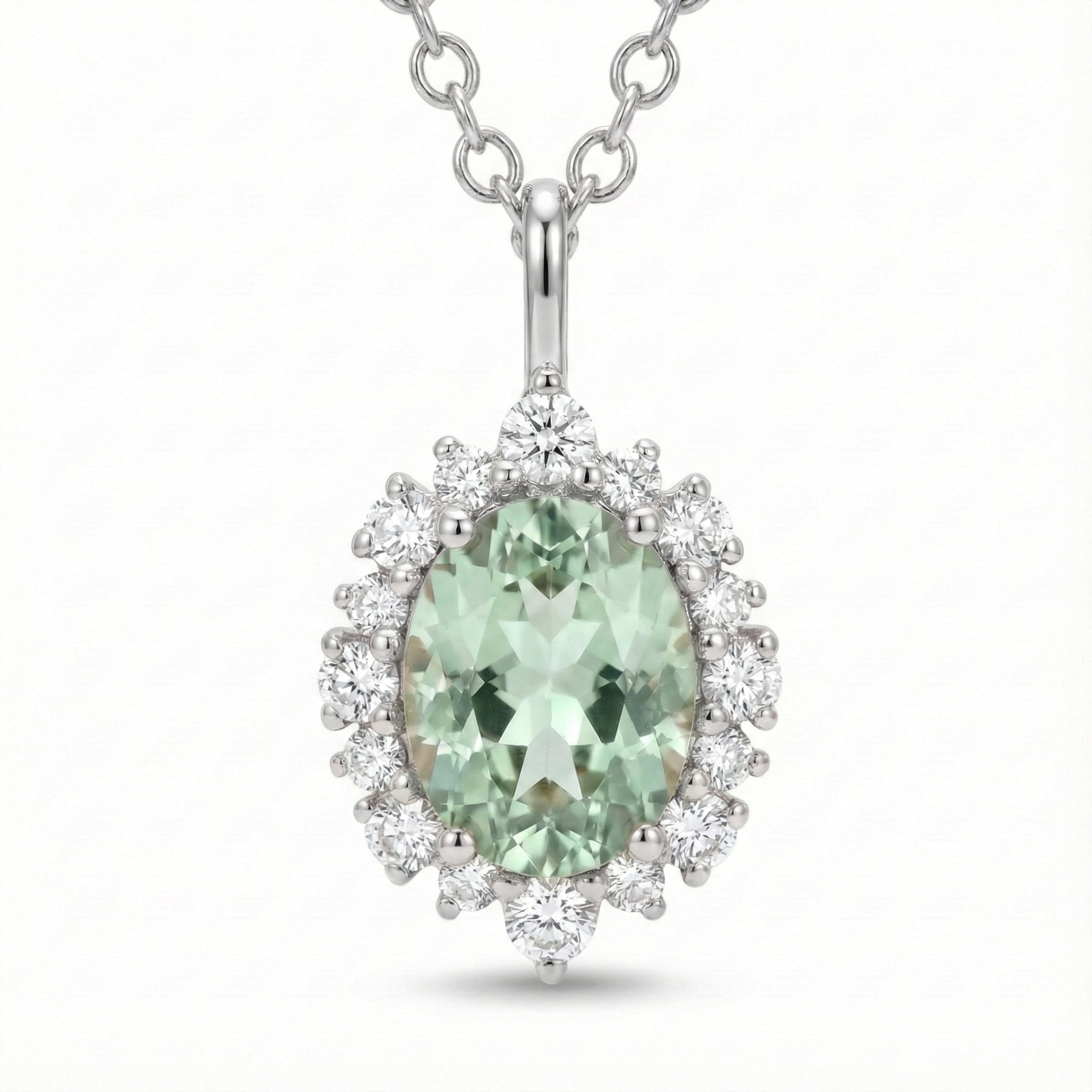 Tiara halo diamond oval green sapphire pendant white gold green sapphire necklace la more design jewelry