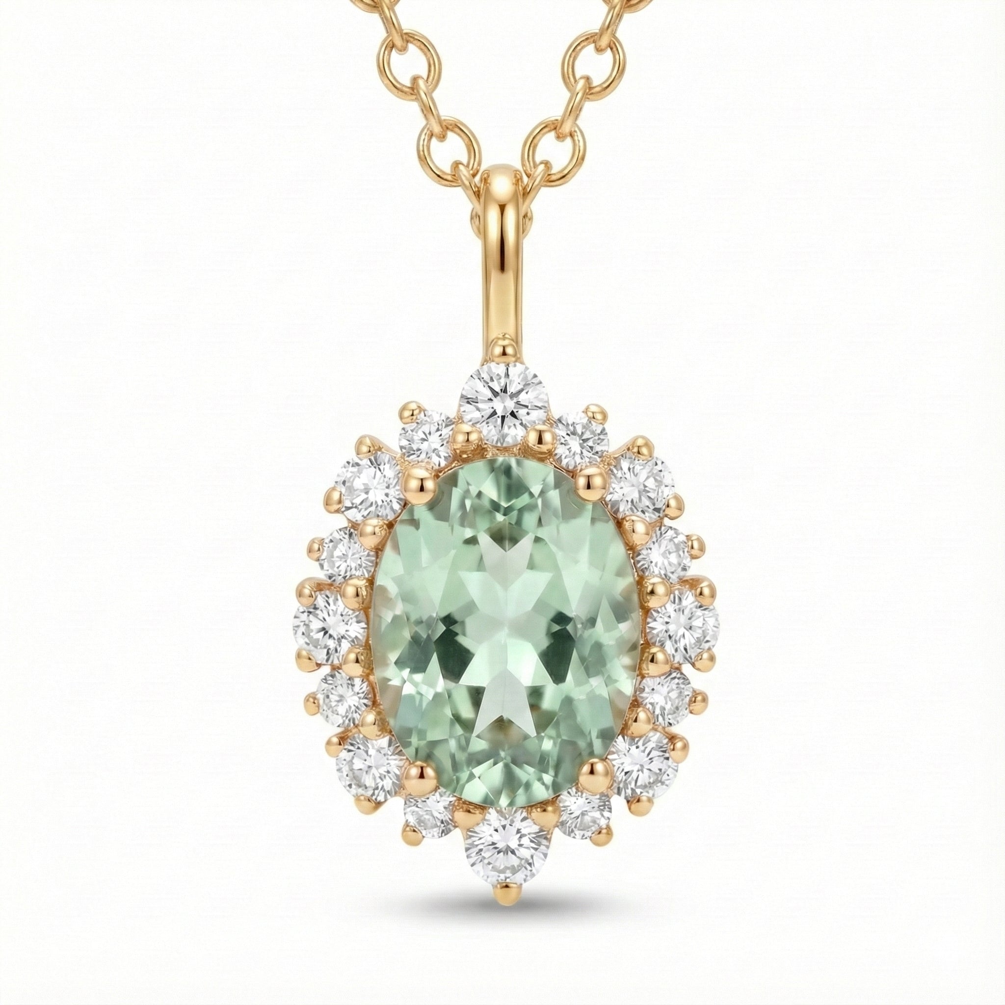 Tiara halo diamond oval green sapphire pendant yellow gold green sapphire necklace la more design jewelry