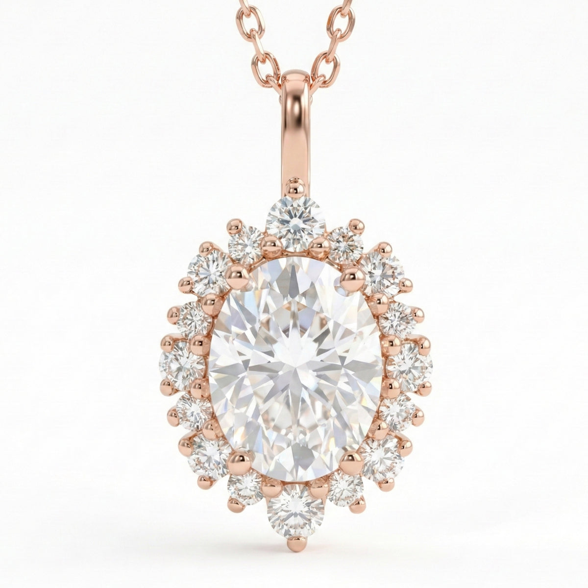 Tiara halo diamond oval moissanite pendant rose gold drop necklace la more design jewelry