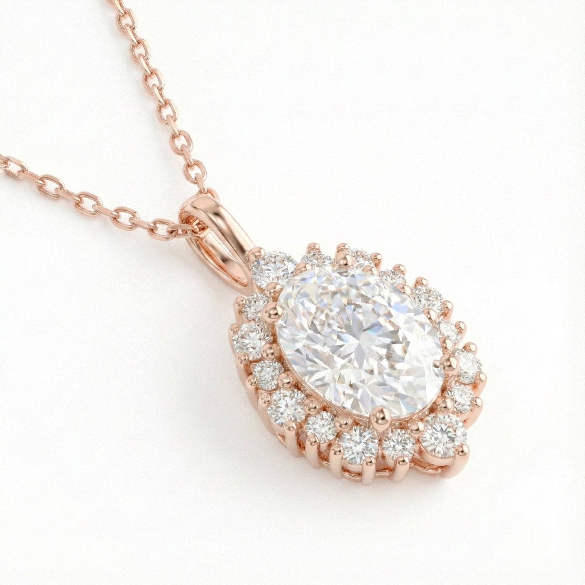 Tiara halo diamond oval moissanite pendant rose gold drop necklace la more design jewelry