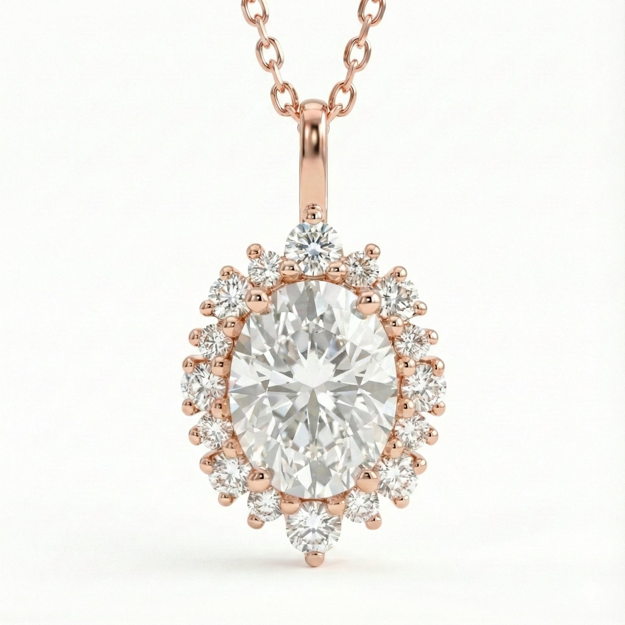 Tiara halo diamond oval moissanite pendant rose gold drop necklace la more design jewelry