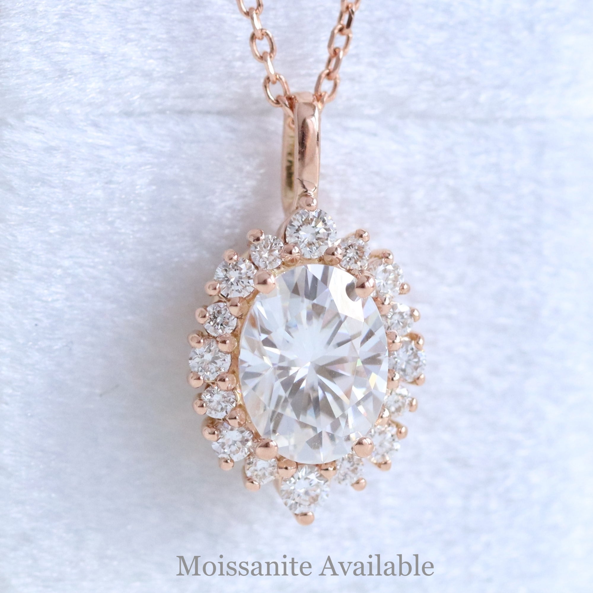 Tiara halo diamond oval moissanite pendant rose gold drop necklace la more design jewelry