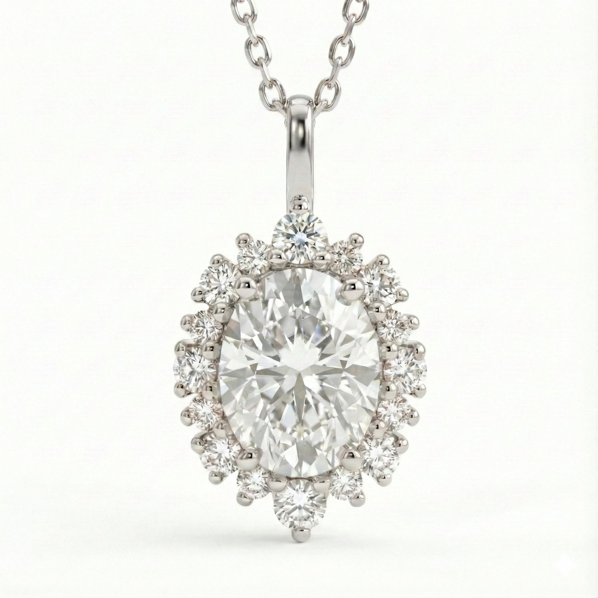 Tiara halo diamond oval moissanite pendant white gold drop necklace la more design jewelry