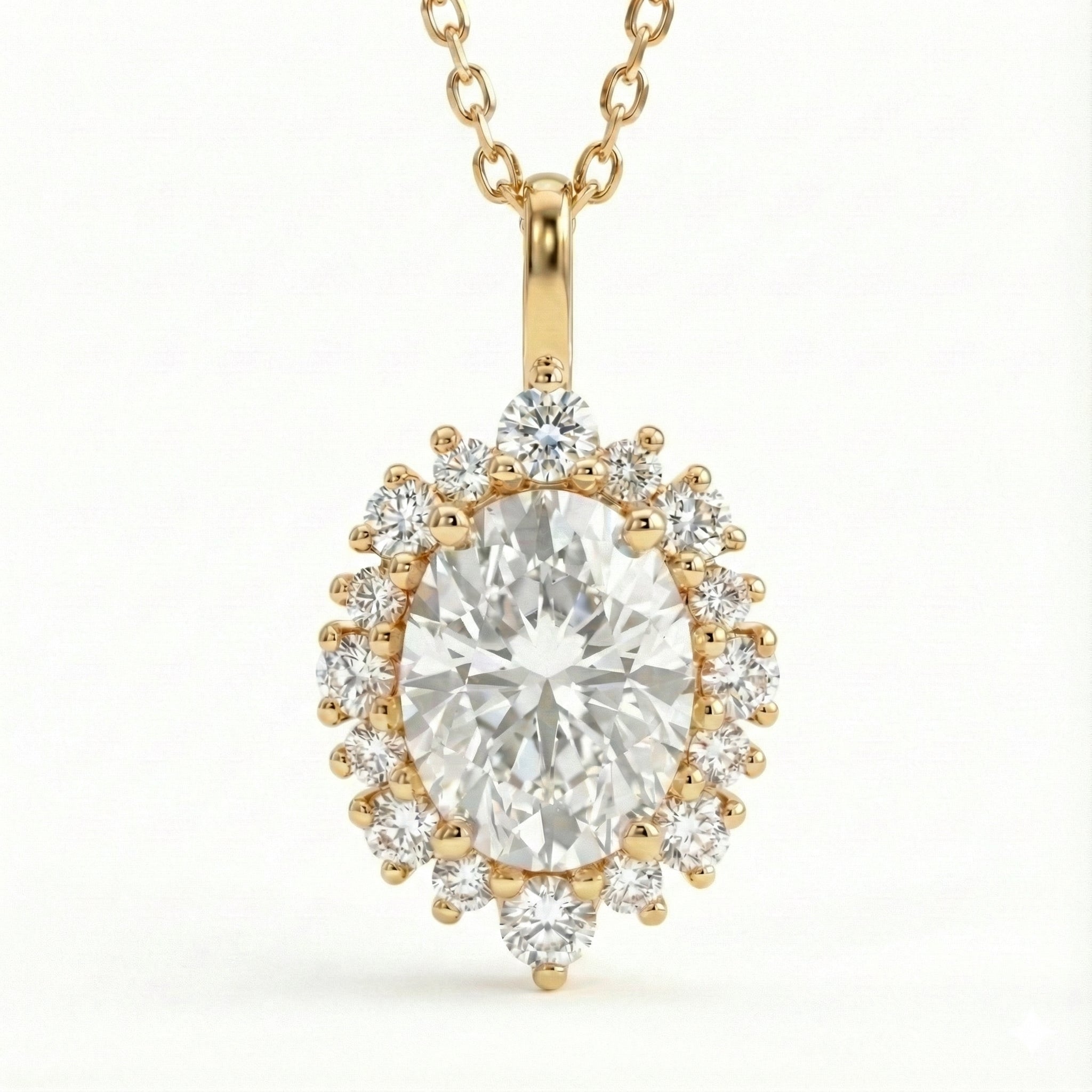 Tiara halo diamond oval moissanite pendant yellow gold drop necklace la more design jewelry