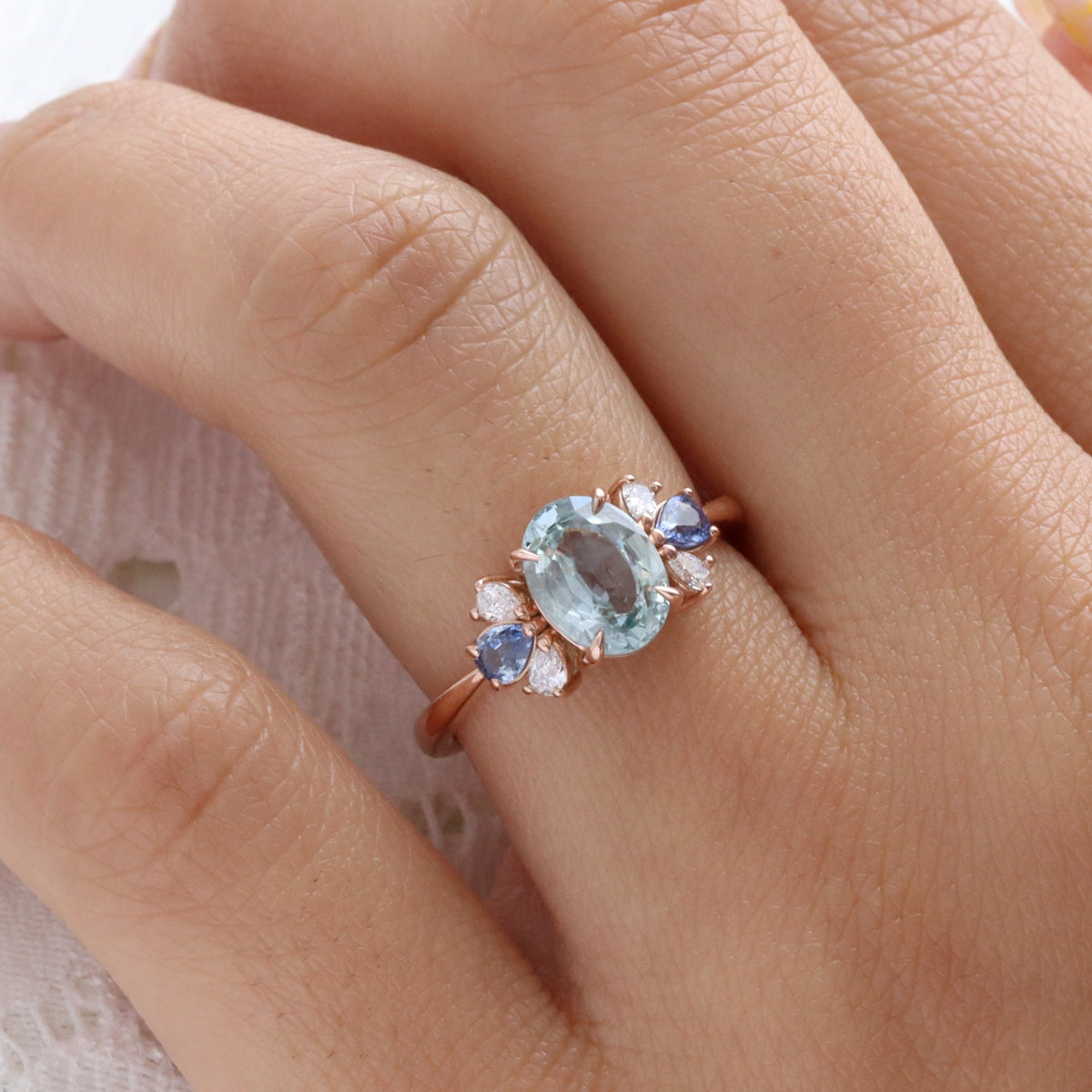 Unique aqua blue sapphire ring rose gold oval blue sapphire diamond ring 3 stone band la more design jewelry