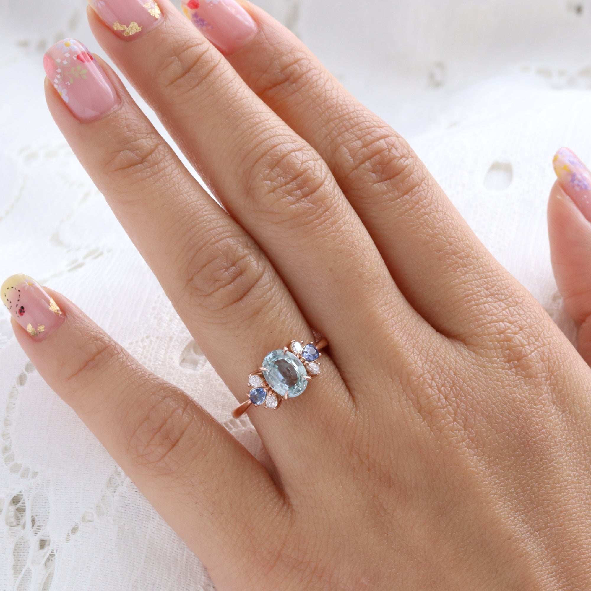 Unique aqua blue sapphire ring rose gold oval blue sapphire diamond ring 3 stone band la more design jewelry