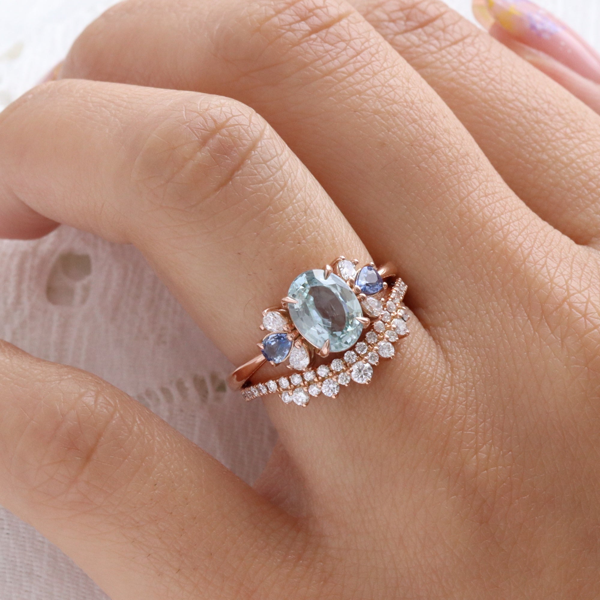 Unique aqua blue sapphire ring rose gold oval blue sapphire diamond ring 3 stone band la more design jewelry