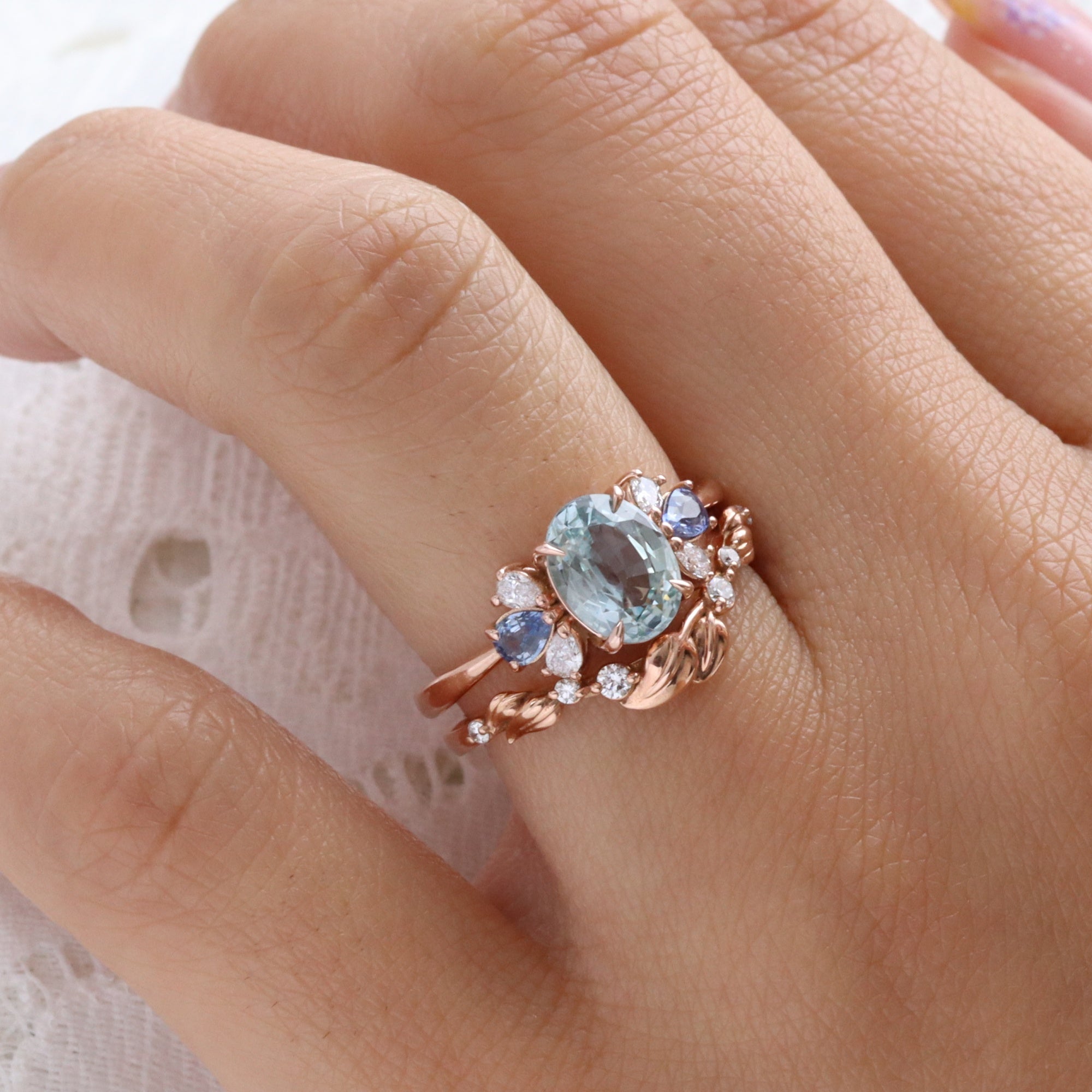 Unique aqua blue sapphire ring rose gold oval blue sapphire diamond ring 3 stone band la more design jewelry