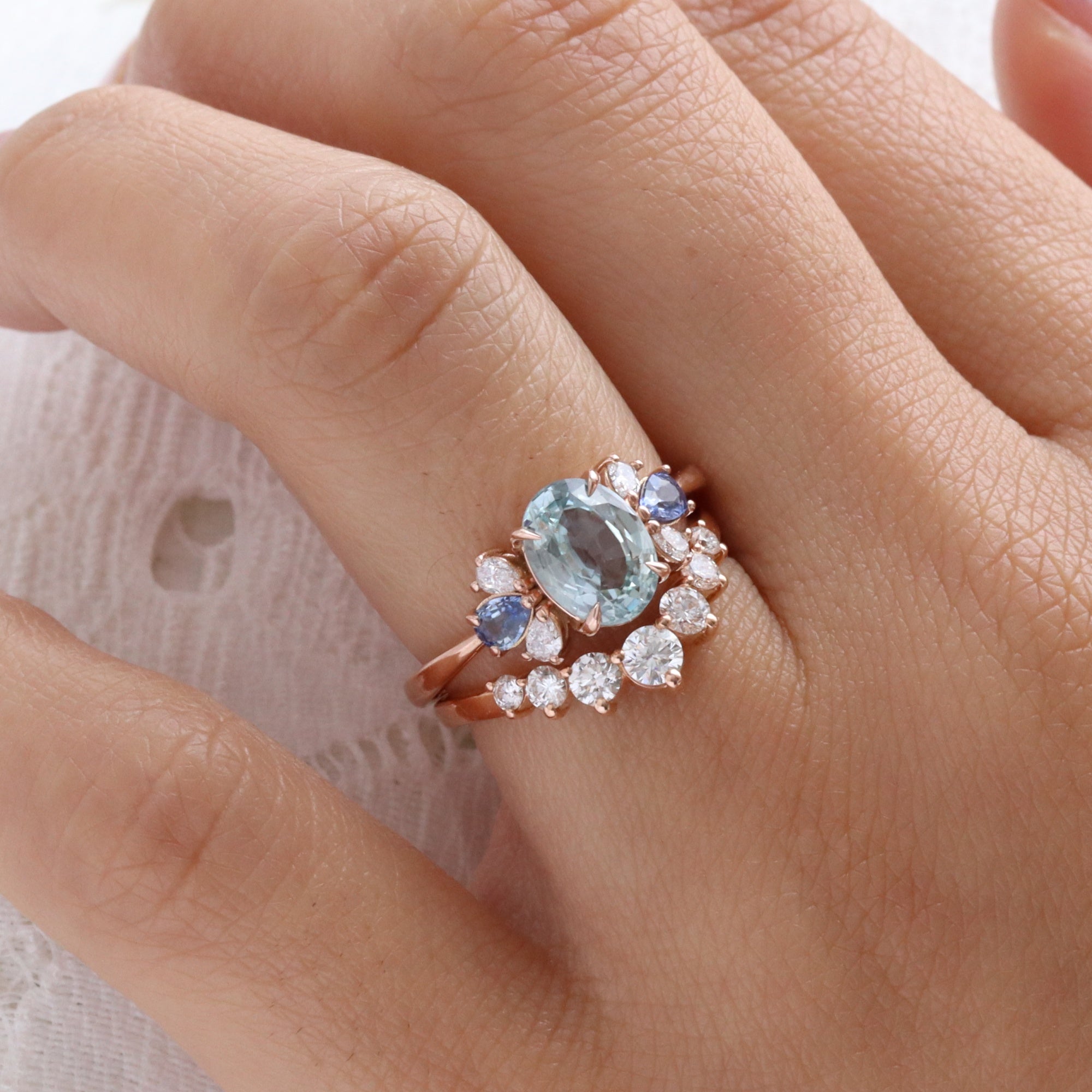 Unique aqua blue sapphire ring rose gold oval blue sapphire diamond ring 3 stone band la more design jewelry