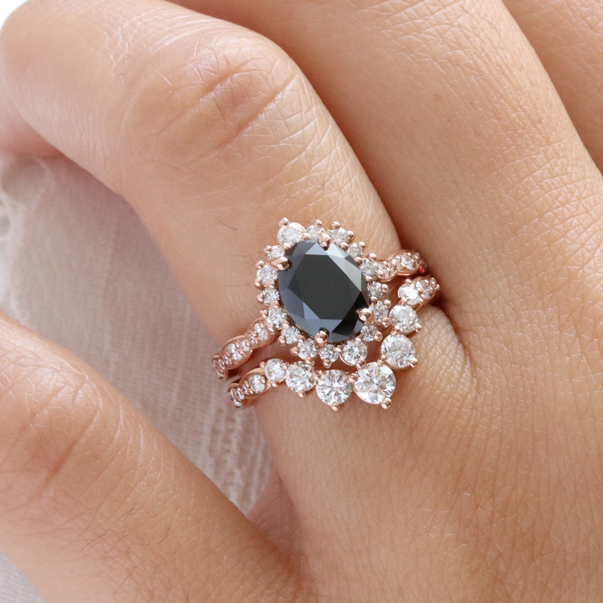 oval black diamond ring bridal set rose gold halo diamond wedding ring stack la more design jewelry