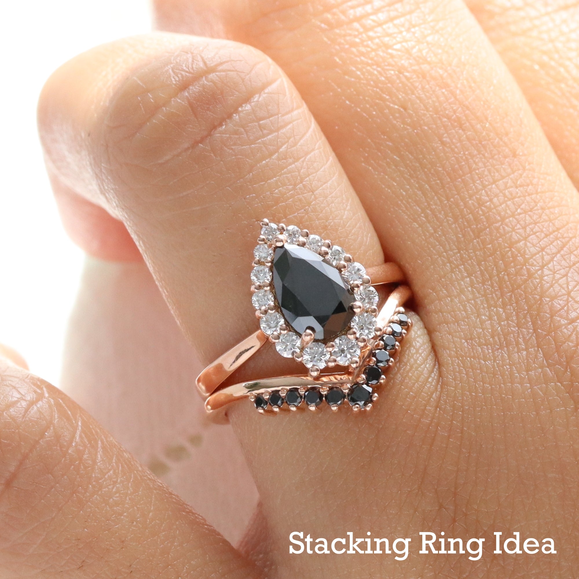 Halo Pear Black Diamond Engagement Ring Rose Gold Pear Cluster
