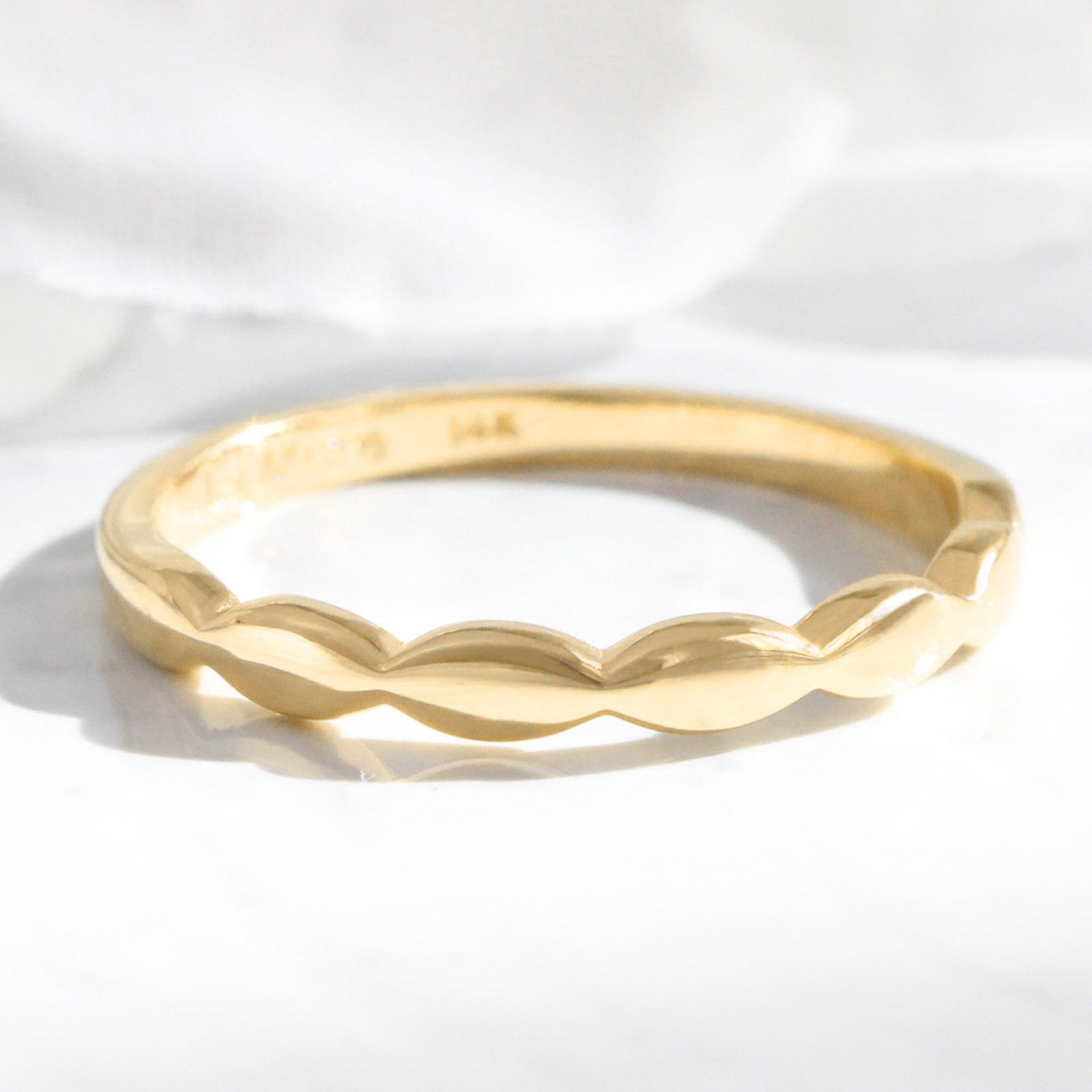 Unique gender neutral wedding ring, scalloped wedding band yellow gold anniversary ring la more design jewelry