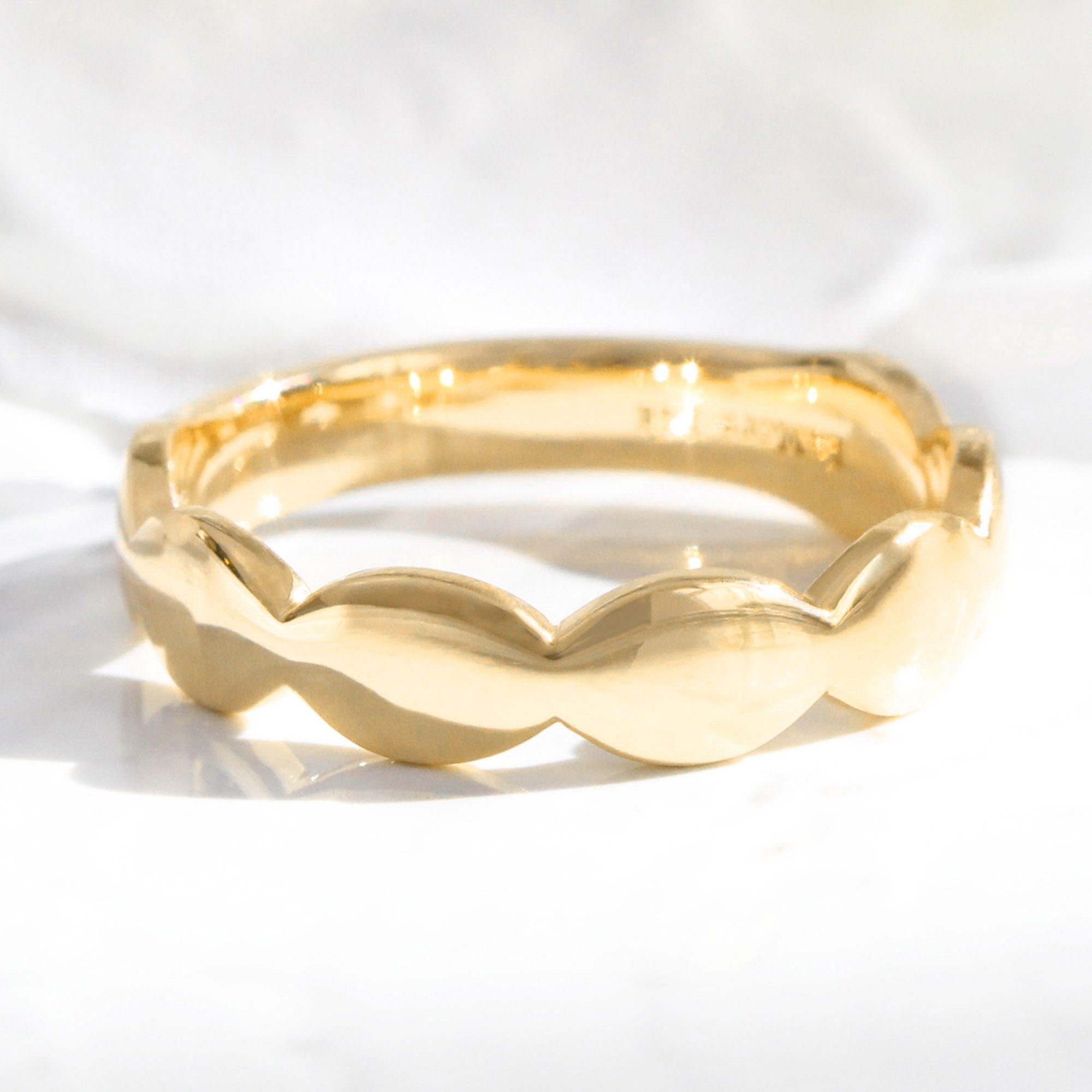 Unique gender neutral wedding ring, scalloped wedding band yellow gold wide wedding band la more design jewelry