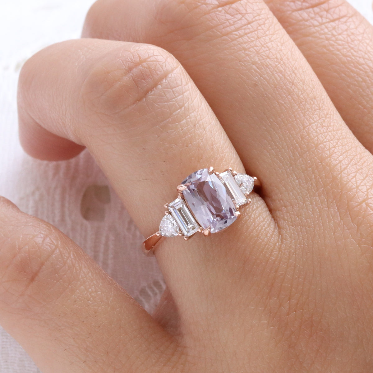elongated cushion lavender sapphire ring rose gold unique sapphire engagement ring sapphire diamond 5 stone ring la more design jewelry