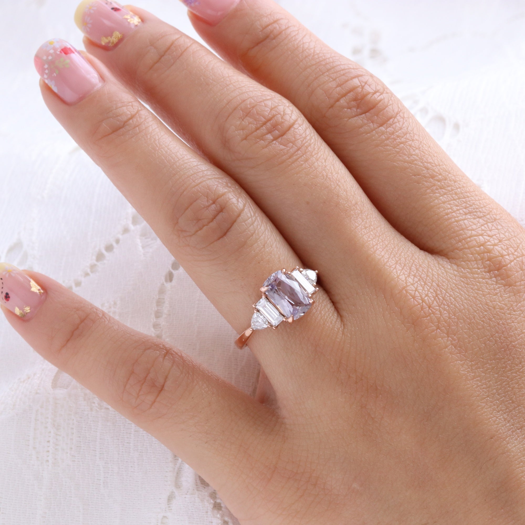 elongated cushion lavender sapphire ring rose gold unique sapphire engagement ring sapphire diamond 5 stone ring la more design jewelry