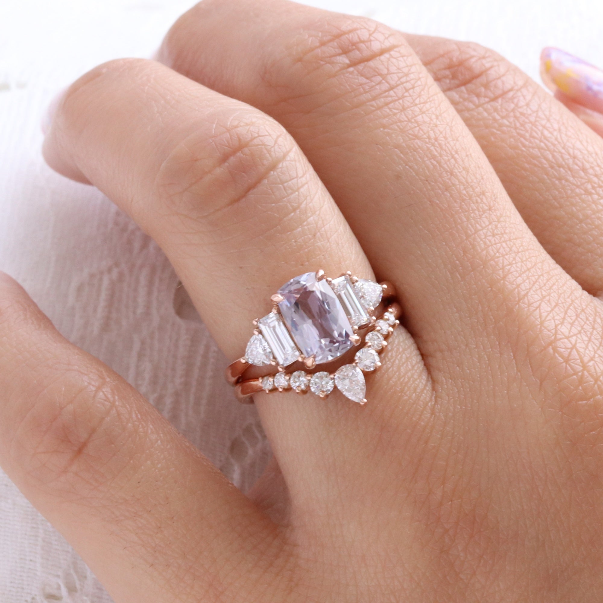 elongated cushion lavender sapphire ring rose gold unique sapphire engagement ring sapphire diamond 5 stone ring la more design jewelry