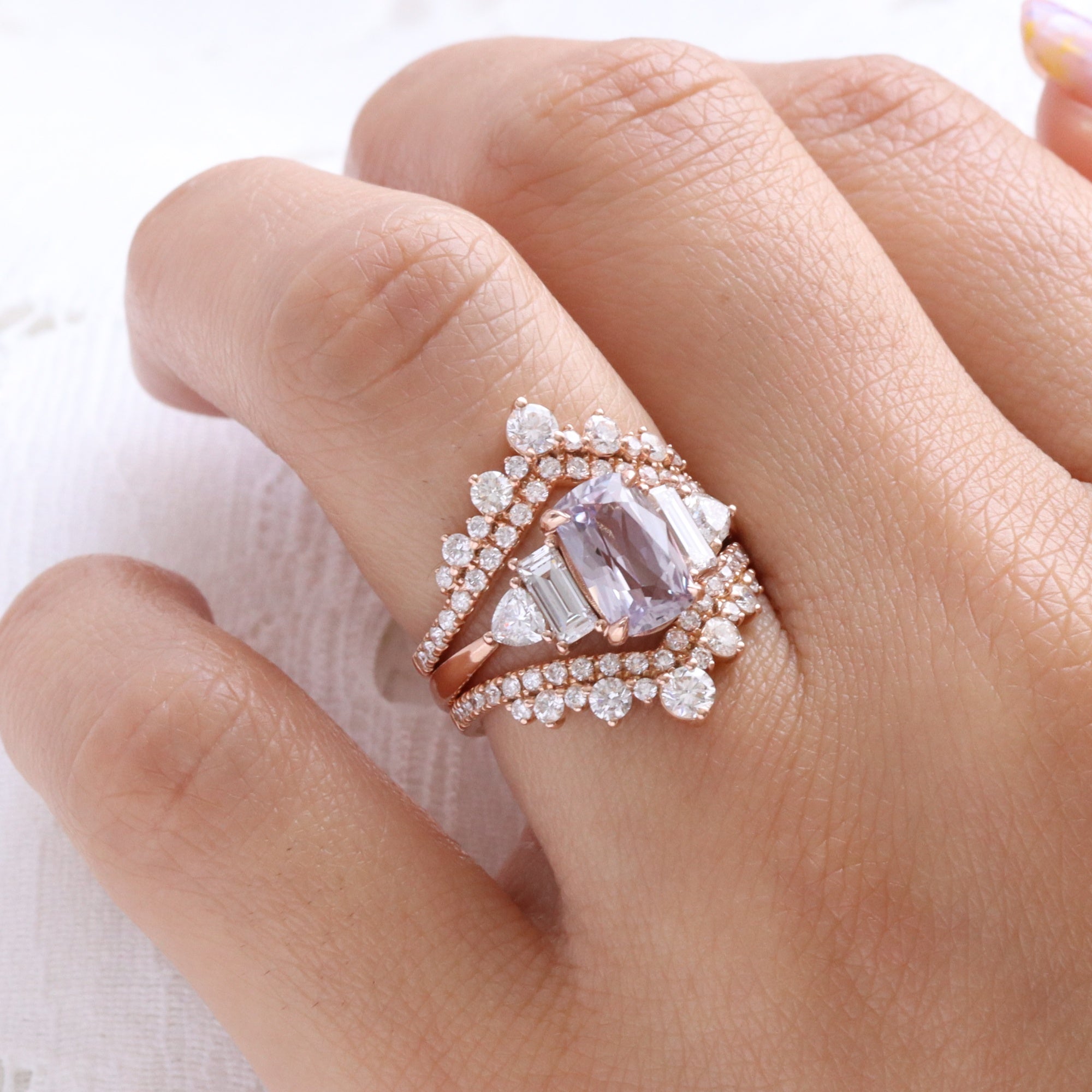 elongated cushion lavender sapphire ring rose gold unique sapphire engagement ring sapphire diamond 5 stone ring la more design jewelry