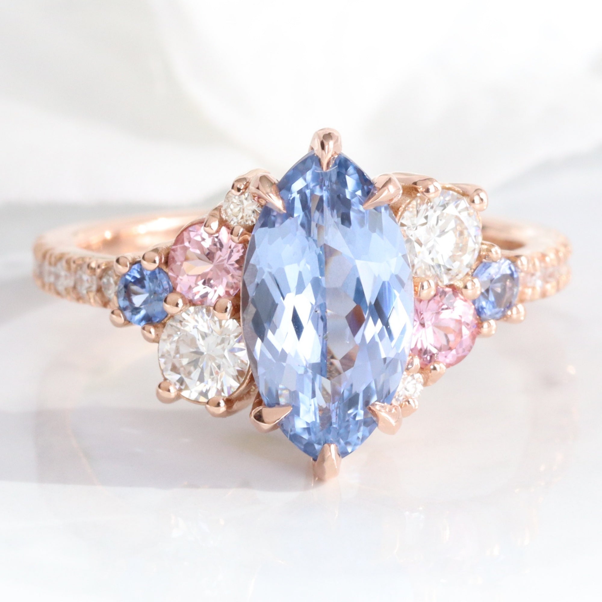 Large Marquise Aqua Blue Sapphire Ring Rose Gold Cluster Diamond