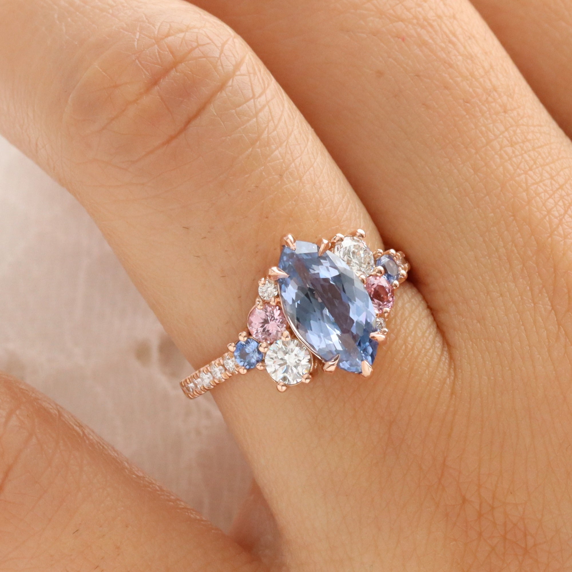 Unique marquise blue sapphire ring rose gold sapphire diamond cluster ring la more design jewelry