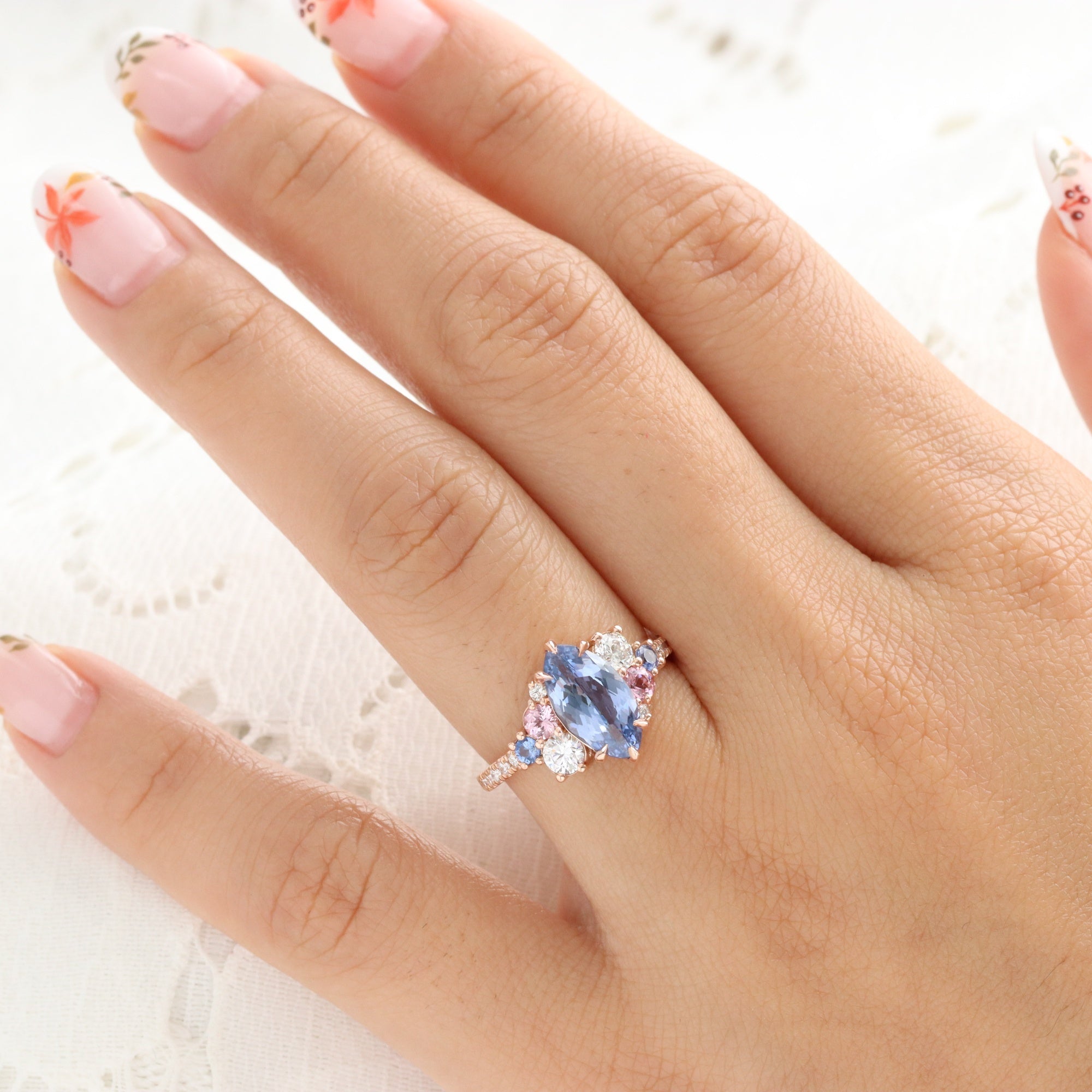 Unique marquise blue sapphire ring rose gold sapphire diamond cluster ring la more design jewelry