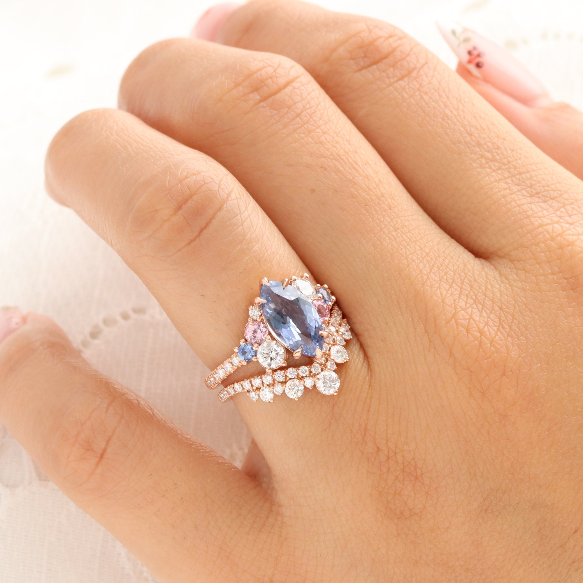 Unique marquise blue sapphire ring rose gold sapphire diamond cluster ring la more design jewelry
