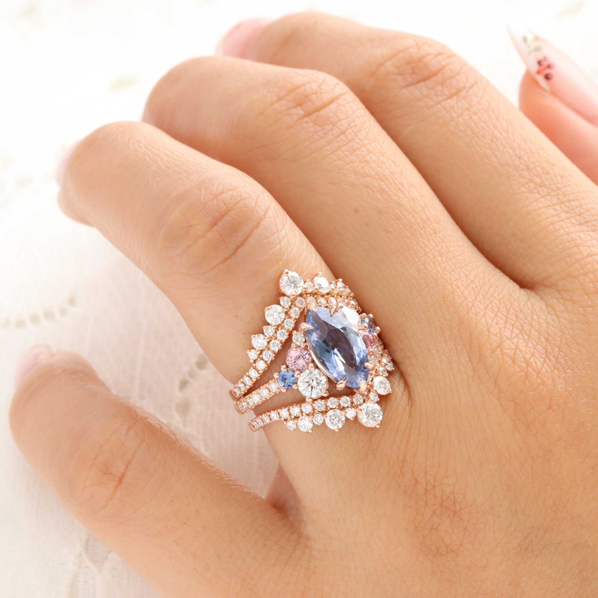 Unique marquise blue sapphire ring rose gold sapphire diamond cluster ring la more design jewelry