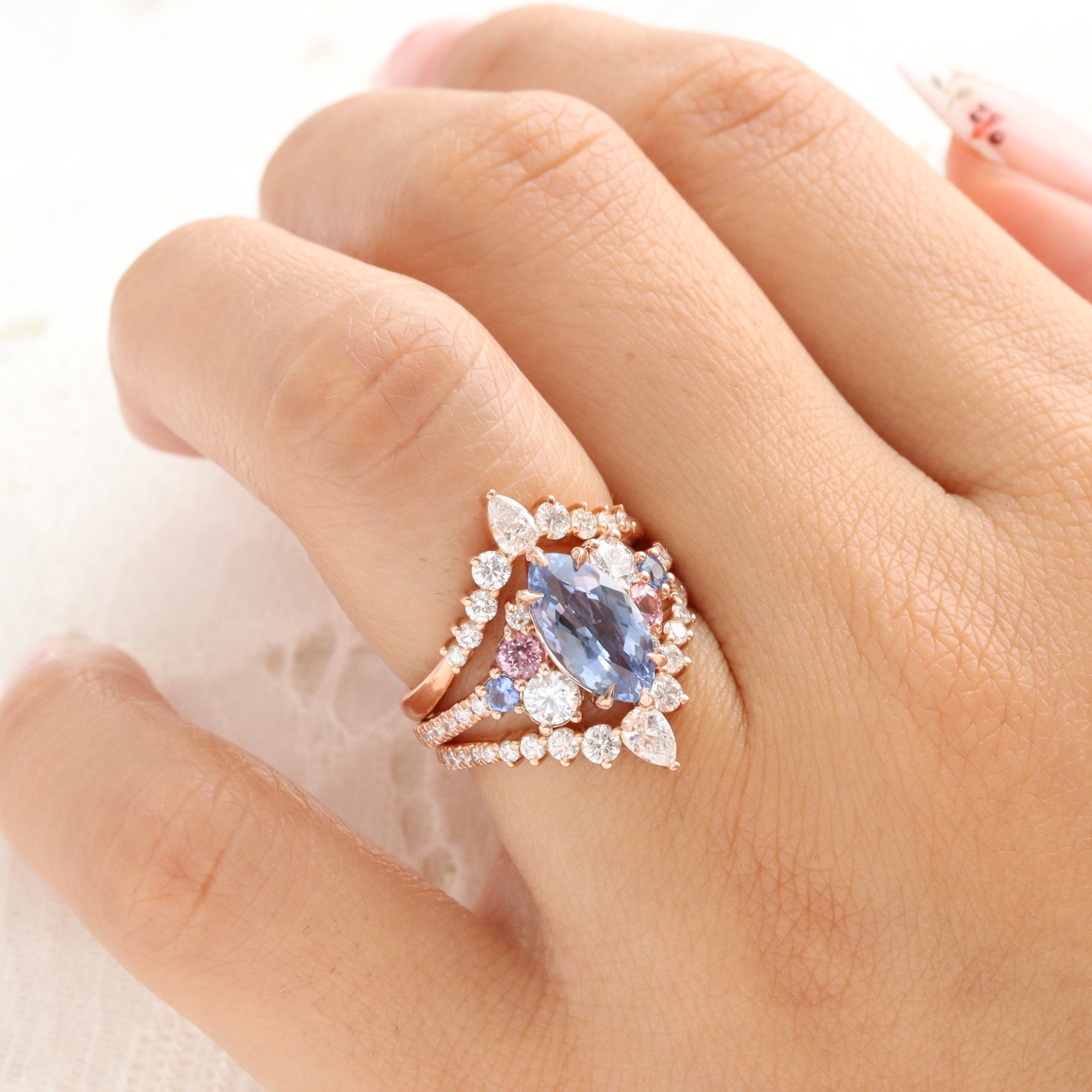 Unique marquise blue sapphire ring rose gold sapphire diamond cluster ring la more design jewelry