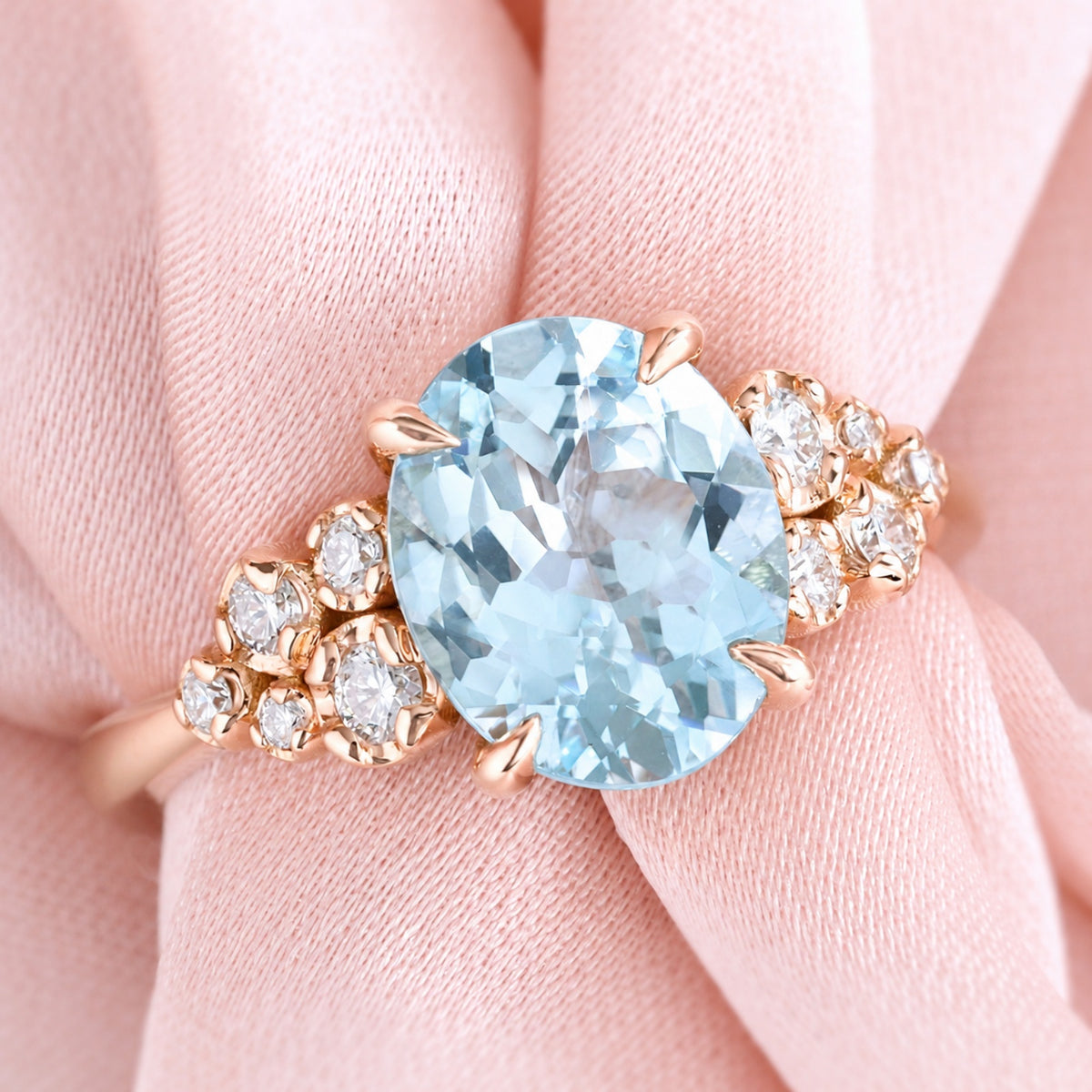Unique oval aquamarine solitaire ring rose gold natural aquamarine diamond floral cluster ring la more design jewelry