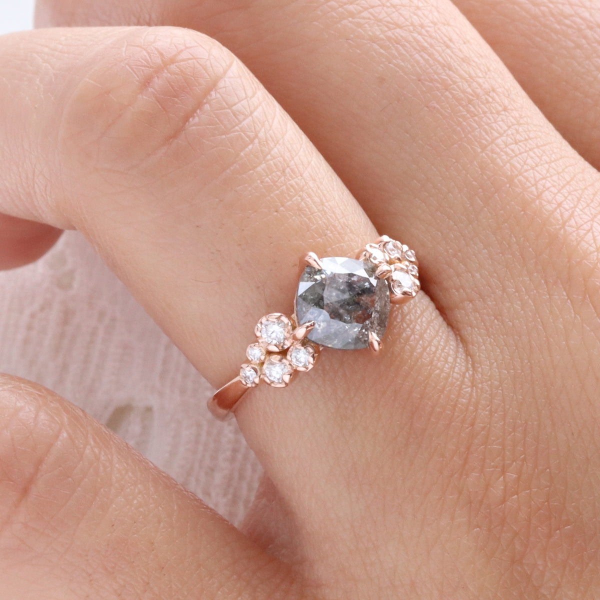 Unique salt and pepper diamond solitaire ring rose gold grey diamond floral cluster ring la more design jewelry