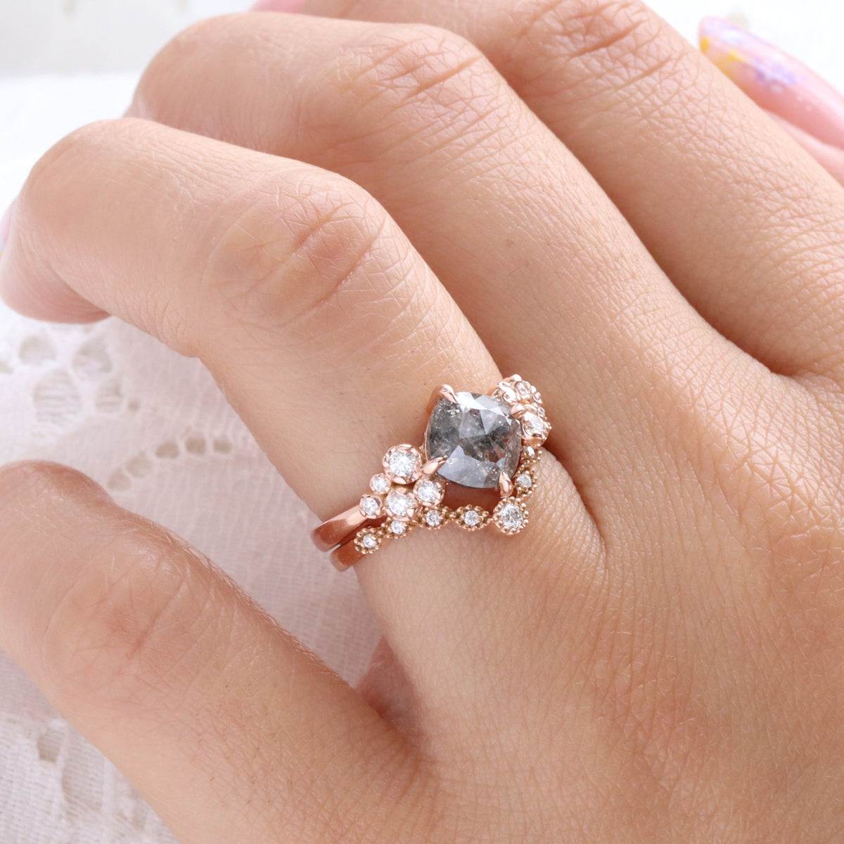 Unique salt and pepper diamond solitaire ring rose gold grey diamond floral cluster ring la more design jewelry